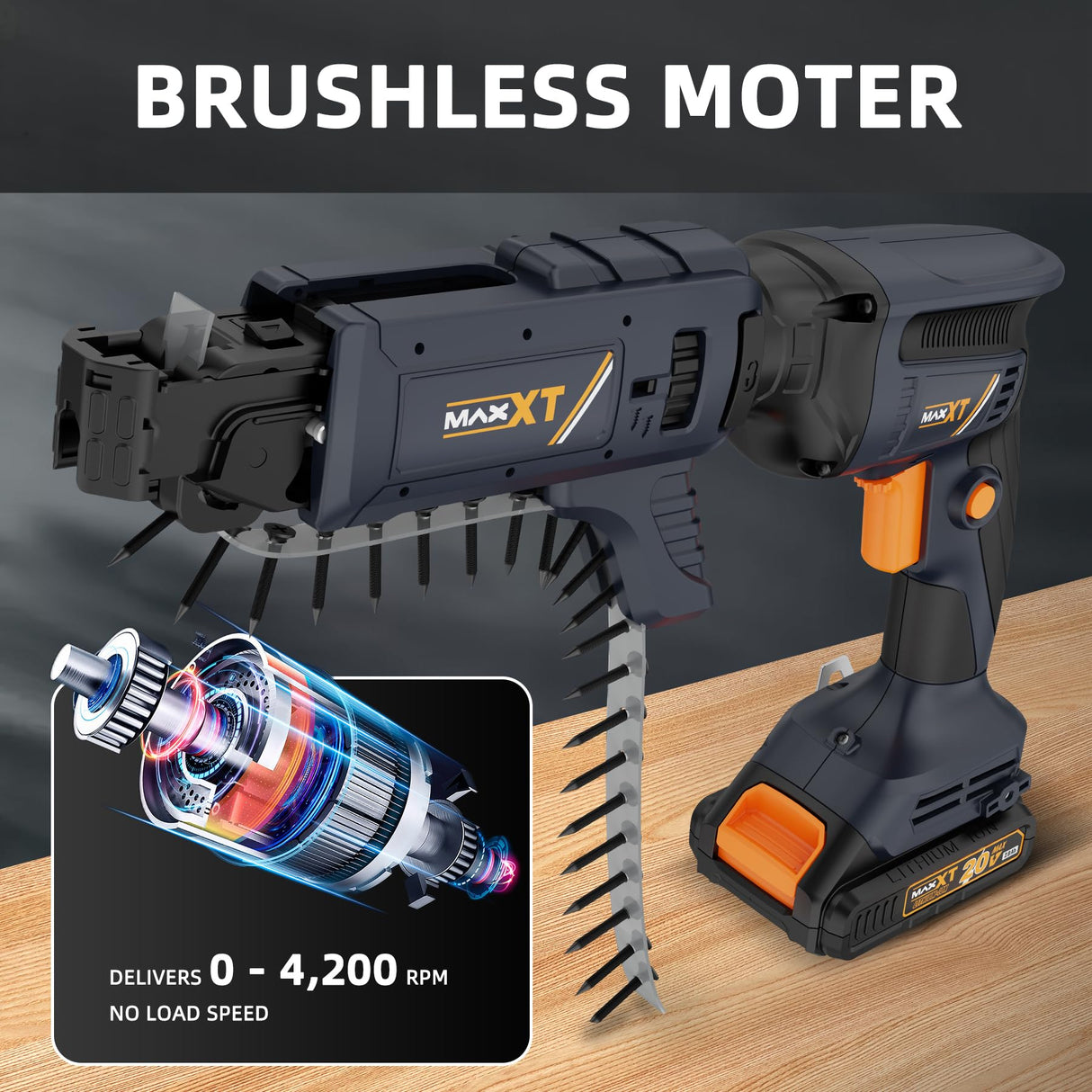 Atornillador Inalámbrico Drywall Professional, MAXXT 20V Pistola Atornilladora para Paneles de Yeso sin Escobillas Autofeed 5000RPM, Destornillador de Paneles de Yeso con Batería de 2.0Ah y Cargador