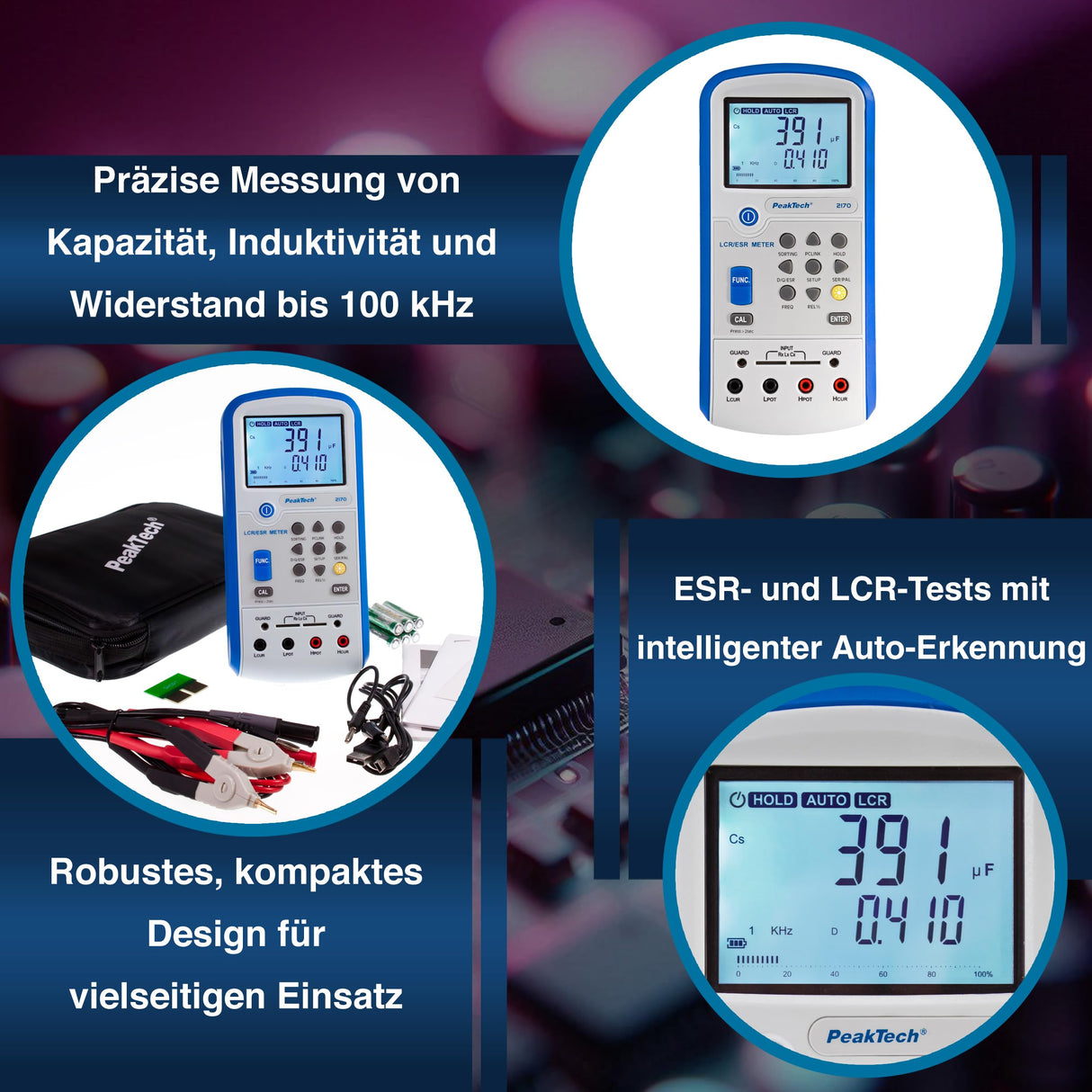 PeakTech 2170 - Medidor LCR, Dispositivo de Medición Esr con Usb, Incluido Software, Frecuencia 1/120 Hz, 1/10/100 Khz, Digital, Medición de Corriente, Pantalla LCD Iluminada, Gráfico de Barras