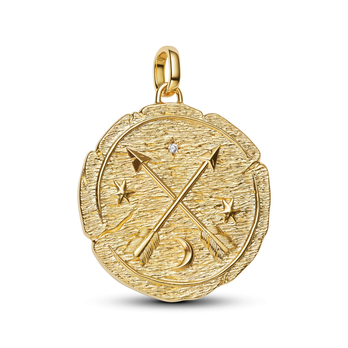 PANDORA ME 764084C01 - Medallón grande con diseño de flechas cruzadas de plata de ley con aleación de metal chapado en oro de 14 quilates, circonita, compatible con Me y Moments