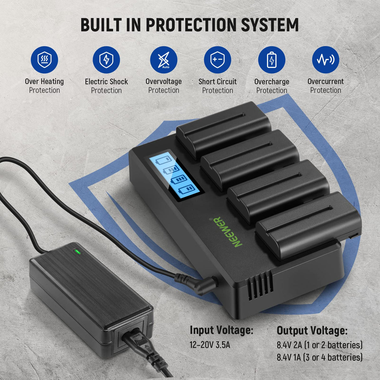 NEEWER 4 Pack Baterías de Repuesto NP-F550 de 7,4V 2600mAh con 4 Canales Cargador de Batería y Adaptador de Energía Compatible con NP-F550/750/770/970 FM500H QM71D QM91D Monitor de Campo Luz de Video