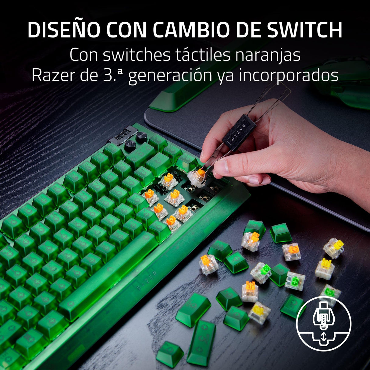Razer BlackWidow V4 75% Phantom Green Edition - Teclado mecánico para Juegos Intercambiable en Caliente (táctiles Naranjas, Rodillo, 2 Botones dedicados) Diseño US | Phantom Green