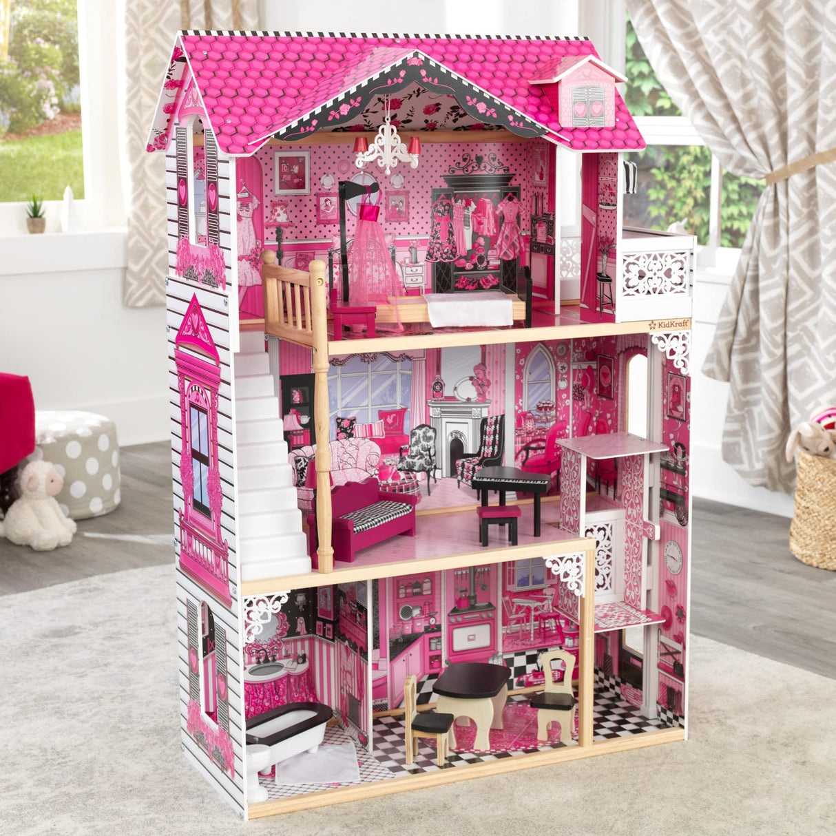 KidKraft Casa de muñecas de Madera Amelia para muñecas de 30 cm con Muebles y Accesorios, Casita de Juguete con Ascensor y balcón, 3 Niveles de Juego, Juguetes niños y niñas Desde 3 años (65093)