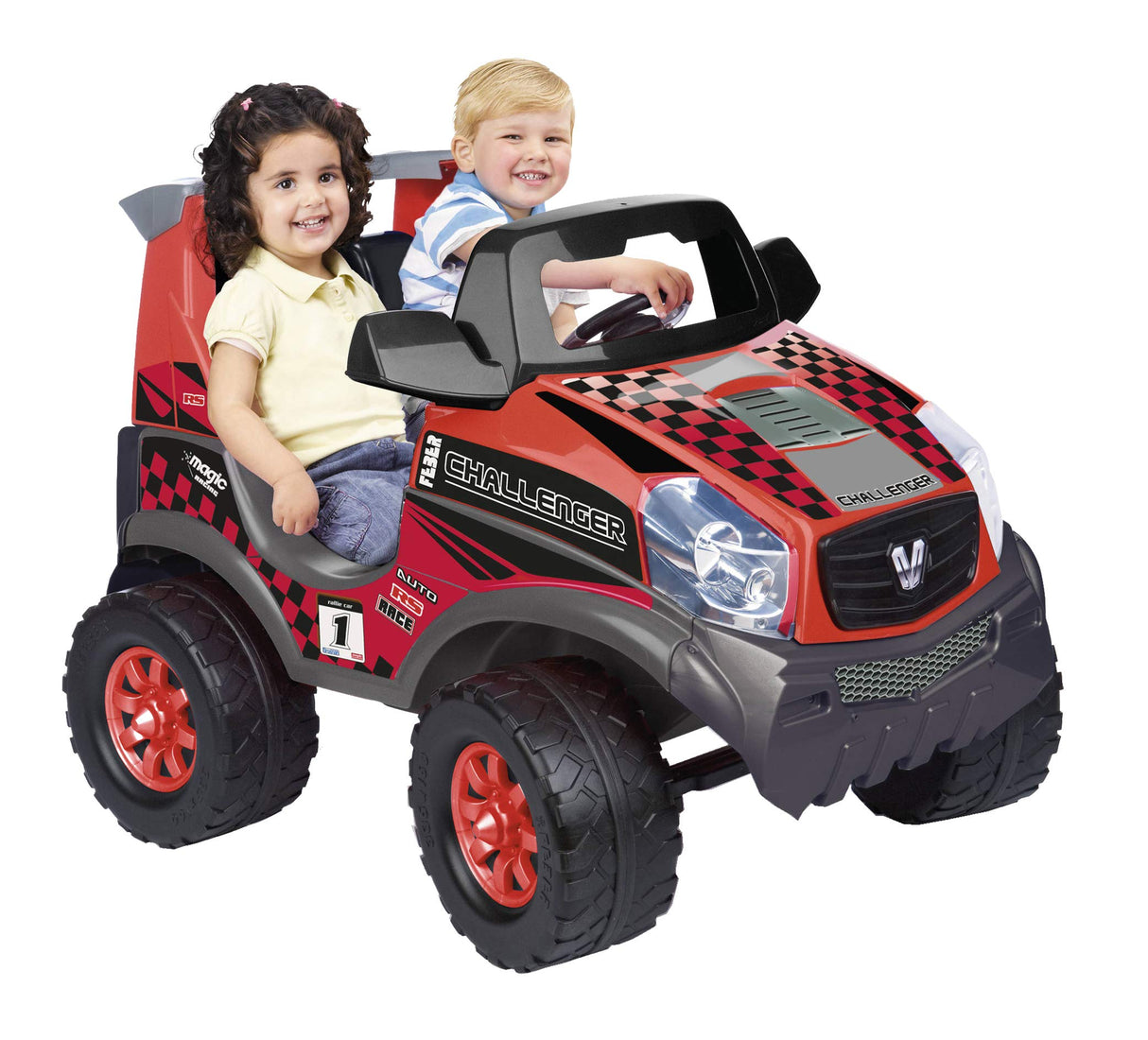 FEBER - Challenger 12 V Coche, Coche de 2 Plazas Deportivo, Color Rojo, Alcanza 5,3km/h, Incluye Batería y Cargador, Autonomía de 40 min, para Niños de 3 a 7 años, Famosa (800008262)