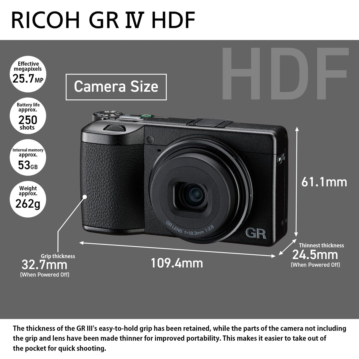RICOH GR IV HDF, Modelo ampliado de la GR IV con Filtro difusor de Luces Altas Integrado. Cámara compacta Digital Premium definitiva con Nuevo Sensor CMOS de tamaño APS-C de 25,74 MP