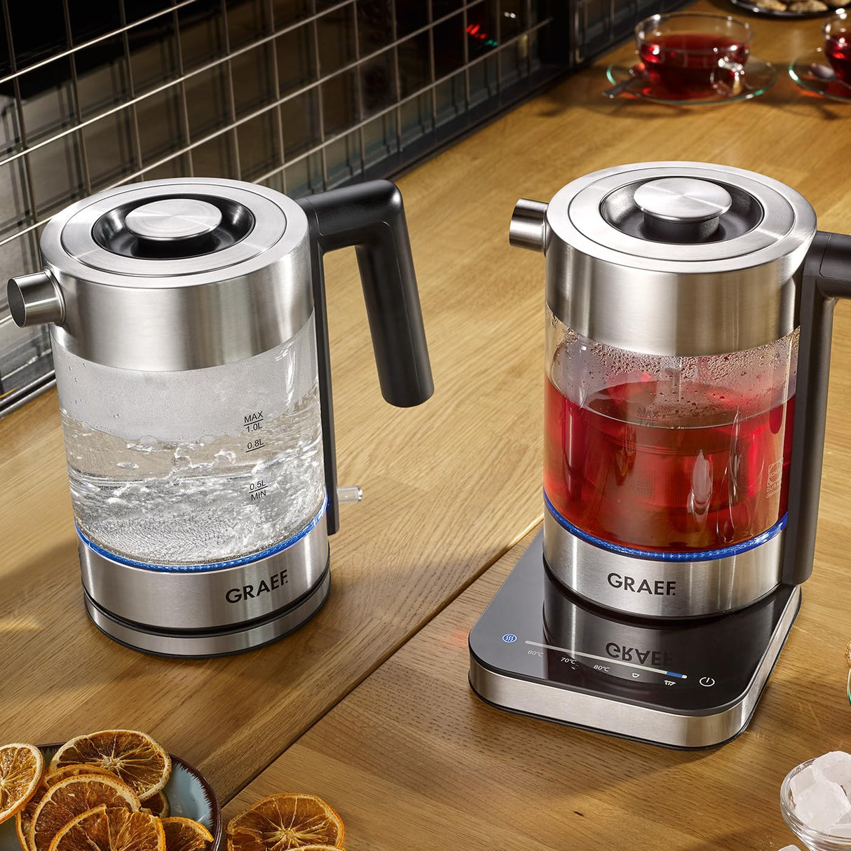 Hervidor de agua de cristal GRAEF WK350, 1 litro, diseño de alta calidad, cristal Schott Duran, acero inoxidable, ajuste de temperatura, colador de té, iluminación LED, base de 360°, función de
