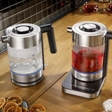 Hervidor de agua de cristal GRAEF WK350, 1 litro, diseño de alta calidad, cristal Schott Duran, acero inoxidable, ajuste de temperatura, colador de té, iluminación LED, base de 360°, función de