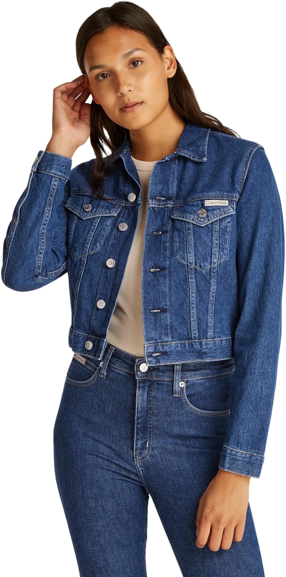 Calvin Klein Cazadora vaquera Mujer Cropped 90'S Denim Trucker con bolsillos en el pecho, Azul (Denim Medium), S