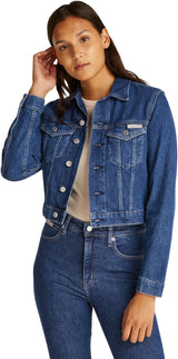 Calvin Klein Cazadora vaquera Mujer Cropped 90'S Denim Trucker con bolsillos en el pecho, Azul (Denim Medium), S