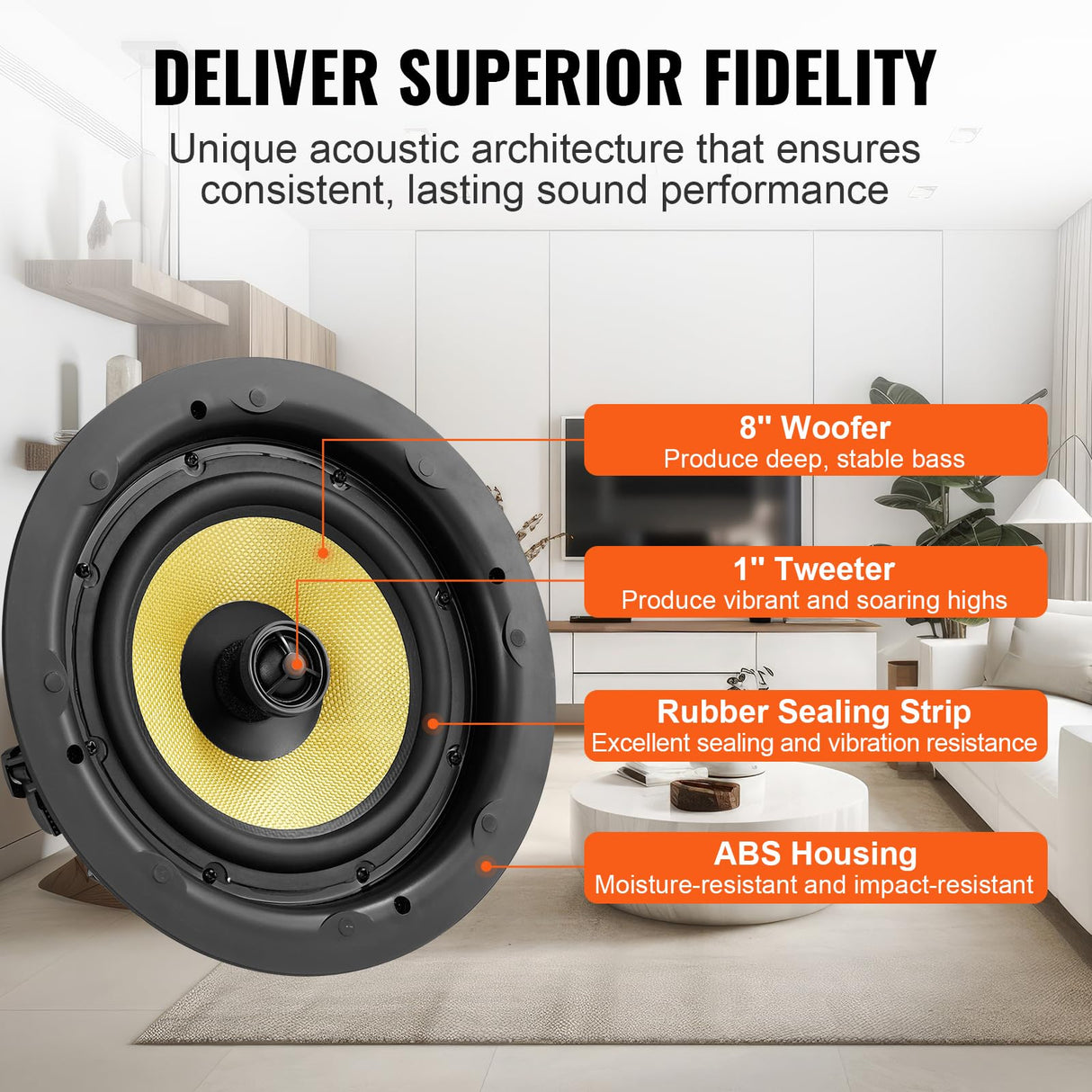 VEVOR Altavoces de Techo de 205 mm, 200 W, Altavoces de Techo y de Pared de Montaje Empotrado con 8 Ω Impedancia 89 dB de Sensibilidad para Hogar, Sala de Estar, Dormitorio o Porches Cubiertos