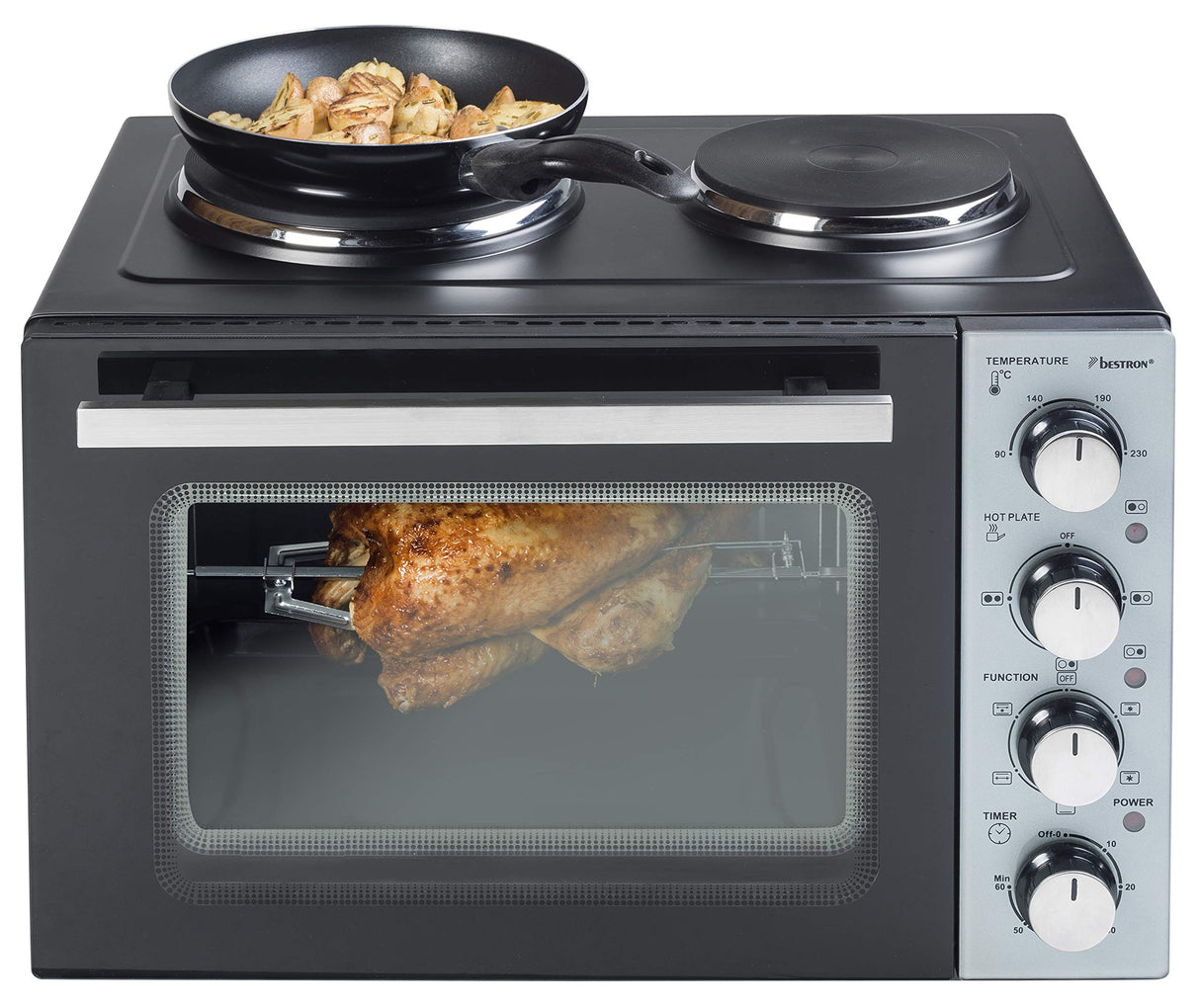 Bestron Pequeña Cocina, Mini Horno con Doble Placa de Cocción, Calor Superior/Inferior con Función de Aire Circulante hasta 230°C, 3200 Vatios, Negro