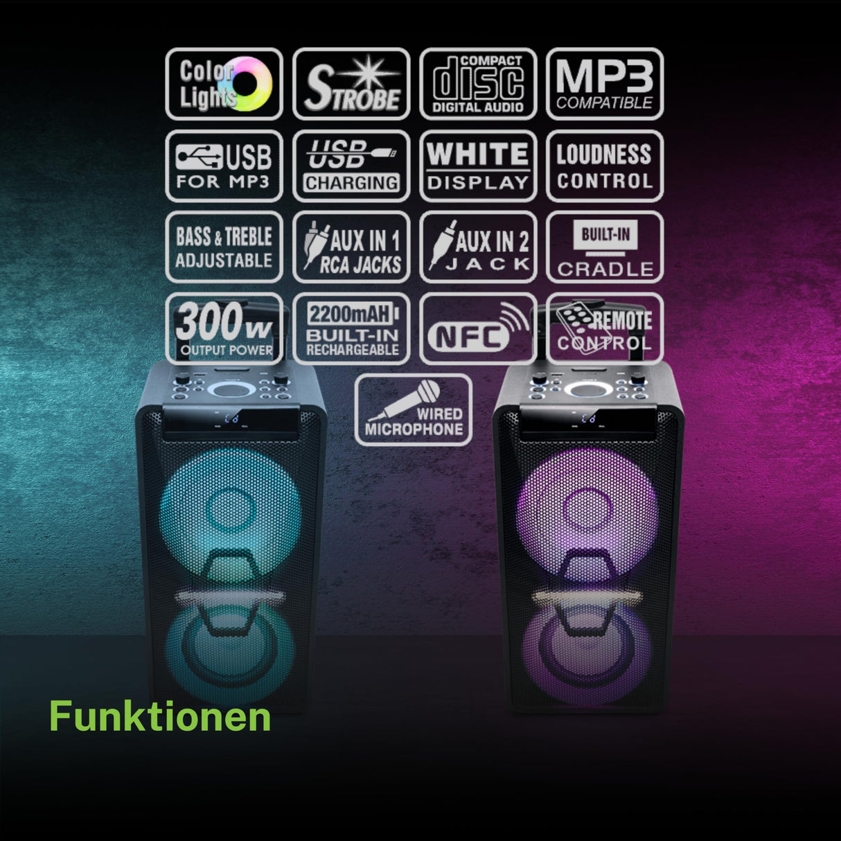 Muse M1920DJ Equipo PA con batería de 300 W con CD, Bluetooth y Efectos de luz (USB, AUX, micrófono, Mando a Distancia), Color Negro