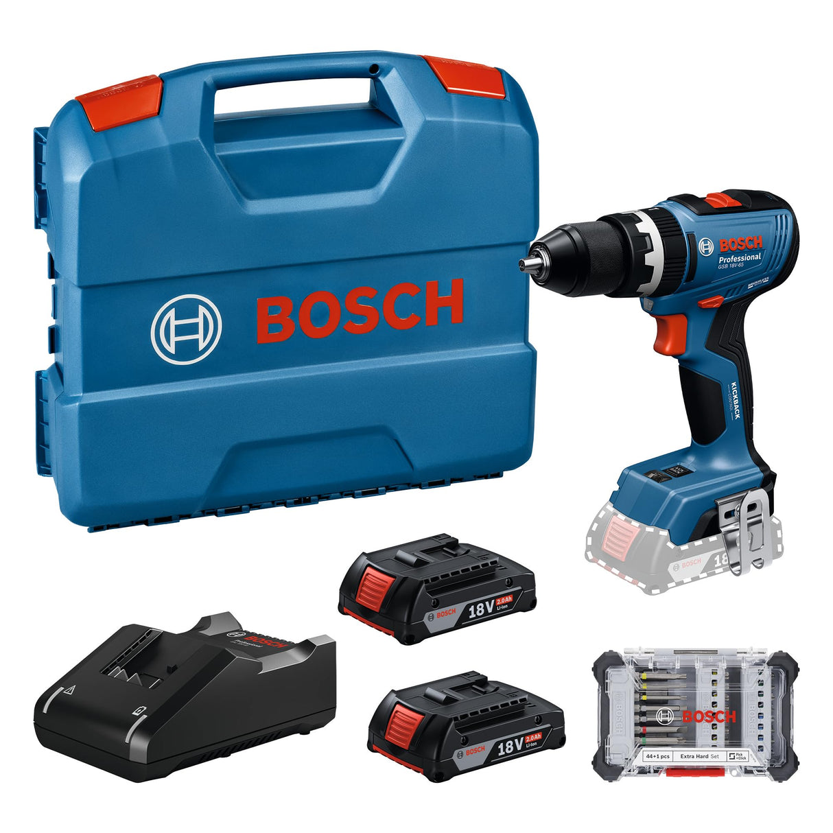 Bosch Professional 18V System atornillador a batería GSB 18V-65 (motor Brushless sin escobillas, longitud del cabezal 175, incl. 2x baterías GBA 4.0Ah, cargador GAL 18V-20, L-BOXX)