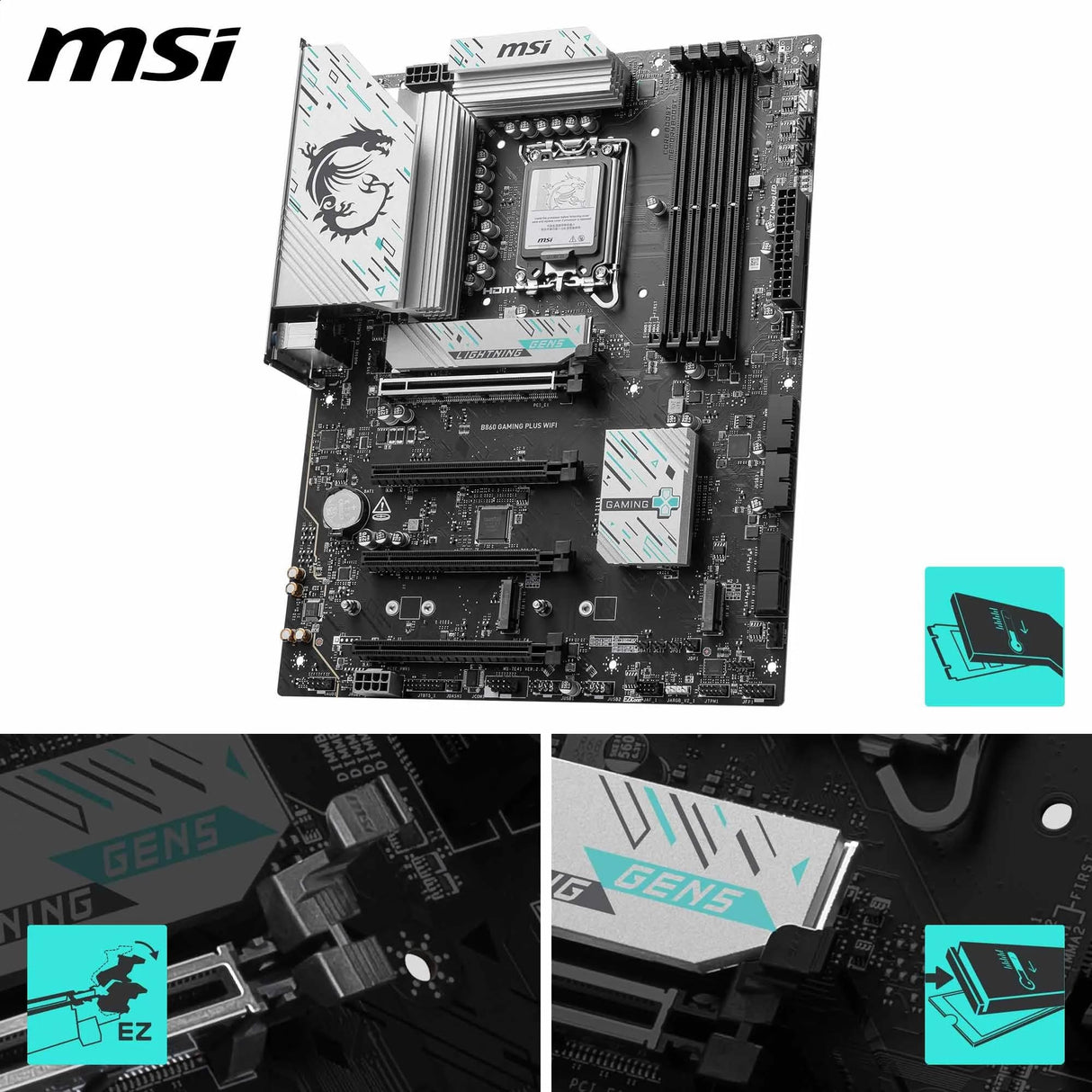 MSI B860 GAMING PLUS WIFI Placa base, ATX - Compatible con procesador Intel Core Ultra (Serie 2), LGA 1851 - DDR5 Memory Boost 8800+ MT/s (OC), PCIe 5.0 x16 x16, M.2 Gen5, Intel Killer 5G LAN, Wi-Fi7