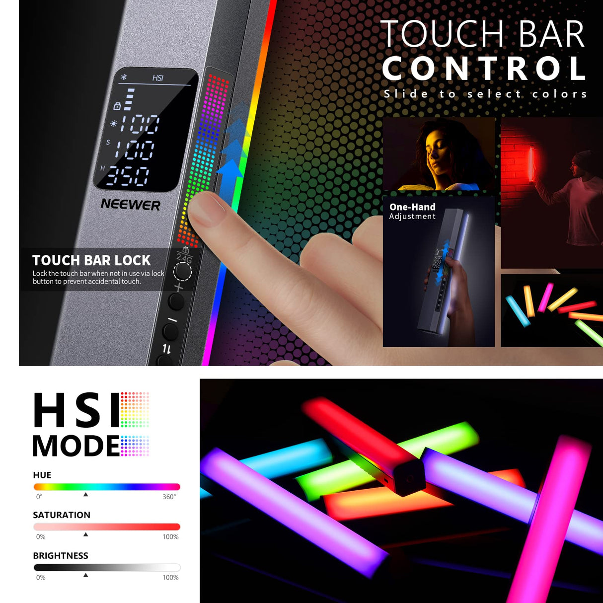 NEEWER RGB LED Video Palo Luz, Barra Táctil y Control App, Luz de Fotografía de Mano Magnética, Regulable 3200K-5600K CRI98+ Luz LED a Todo Color con Batería de 6400mAh, 17 Escenas, RGB1