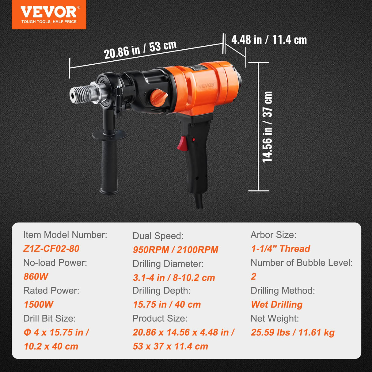 VEVOR Taladro de Diamante Diámetro de 8-10,2 cm Taladro de Mano para Hormigón Profundidad de 400mm Broca Diamantada 1500W 1100/2400 rpm con Extractor de Núcleos y Nivel Construcción de Hormigón Armado