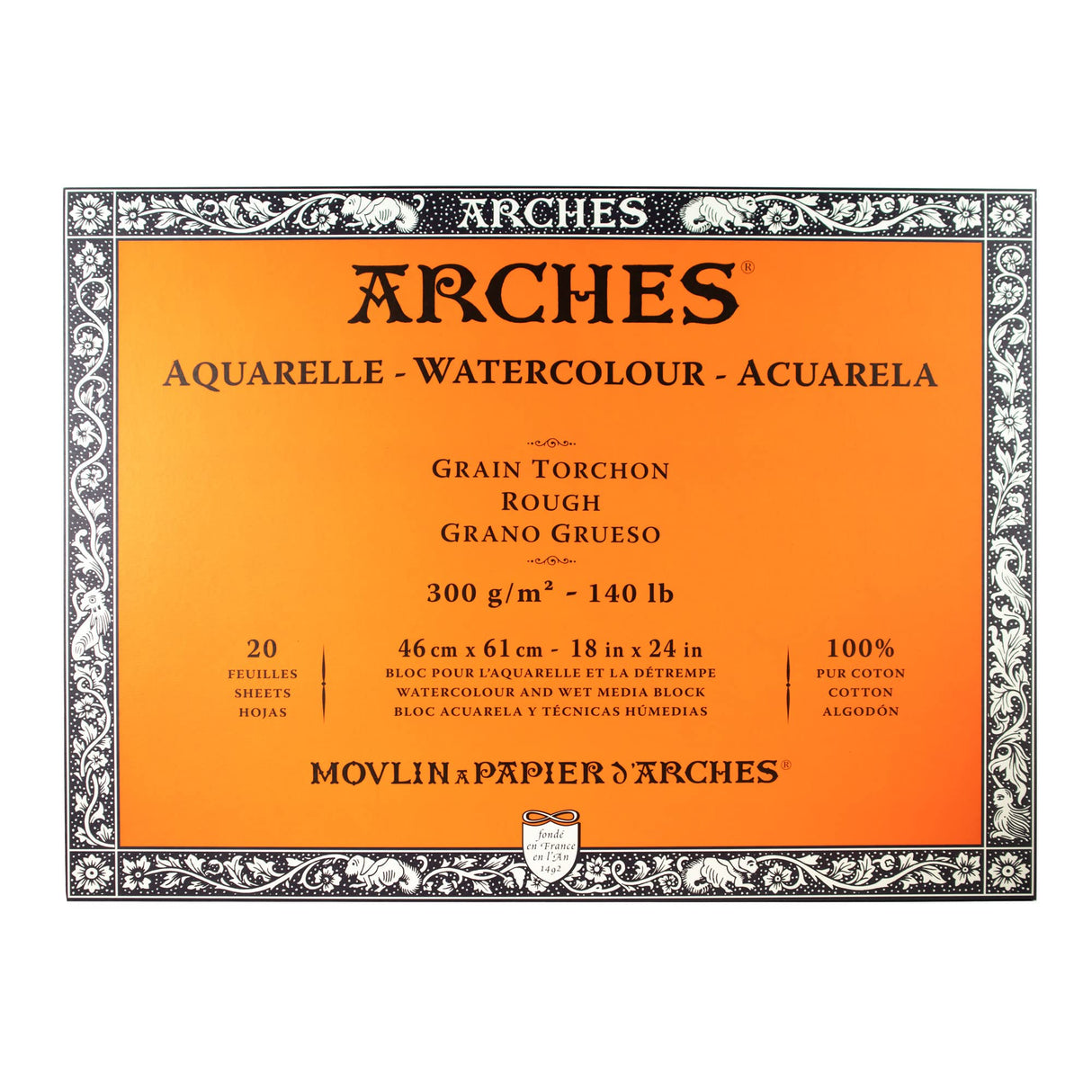 ARCHES 1795089 - Papel de Acuarela en Bloc (46 x 61 cm, encolado por 4 Caras, 300 g/m², Grano Grueso), 20 Hojas, Color Blanco Natural