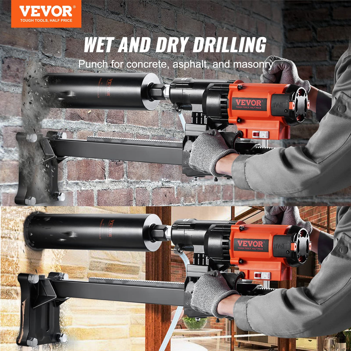 VEVOR Taladro de Diamante Diámetro Máximo de 20 cm Máquina Perforadora de Diamante Profundidad de 60 cm Perforación en Seco y Húmedo 750 rpm Taladro Diamantado para Construcción de Hormigón Armado