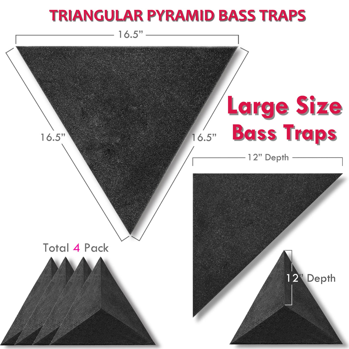 Foroomaco, Paquete de 4 trampas de graves para esquina de techo de 42 cm, triángulo de 30,5 cm de profundidad, pirámide triangular, espuma acústica, trampa de graves a prueba de sonido, para cabina de