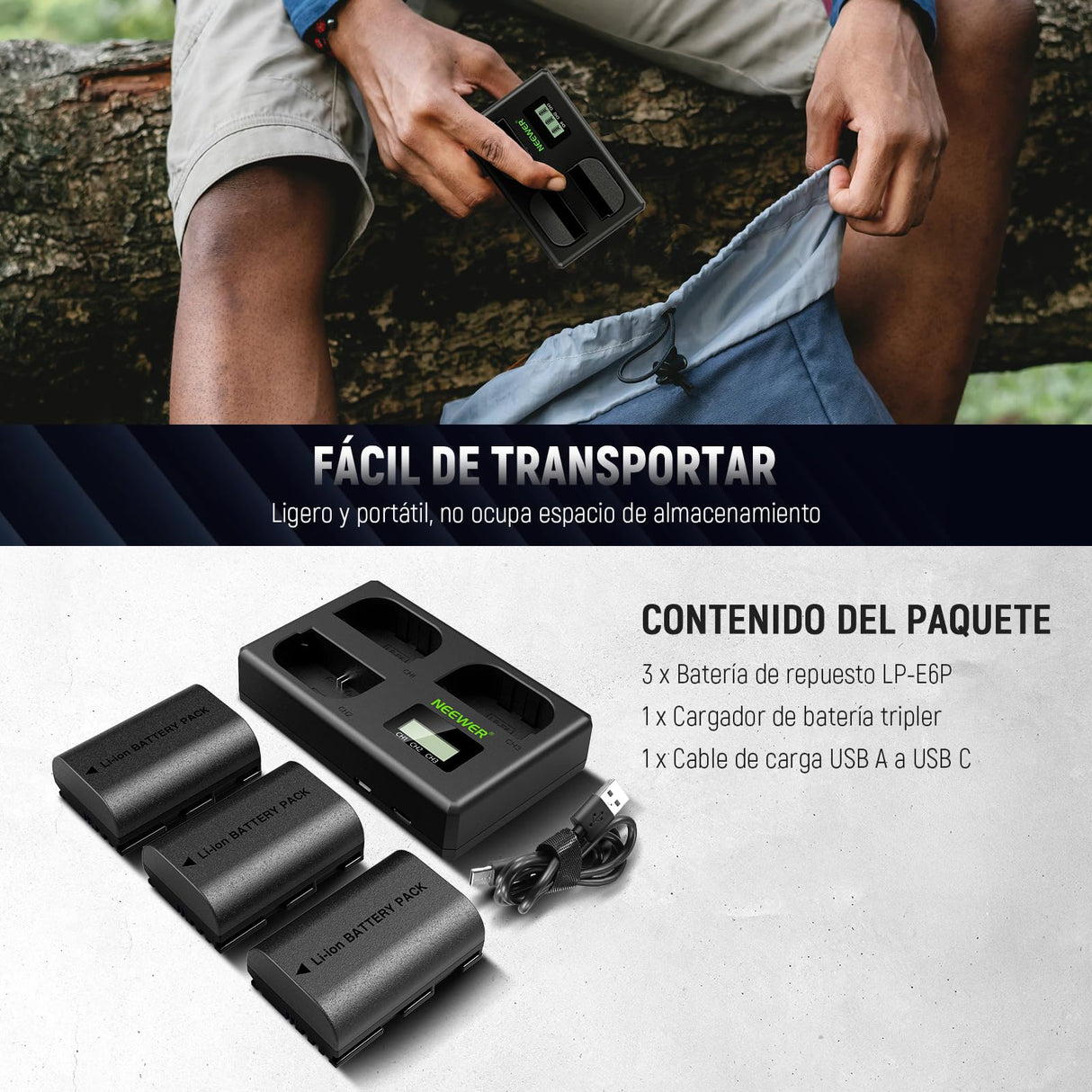 NEEWER Paquete de 3 2200mAh LP-E6P/LP-E6NH/LP-E6N Baterías Repuesto & Cargador Triple USB,Compatible con Canon EOS R5 Mark II EOS R5 EOS R6 EOS R7 EOS R 5D II III IV 6D 6D II 7D 7D II 60D 70D 80D 90D