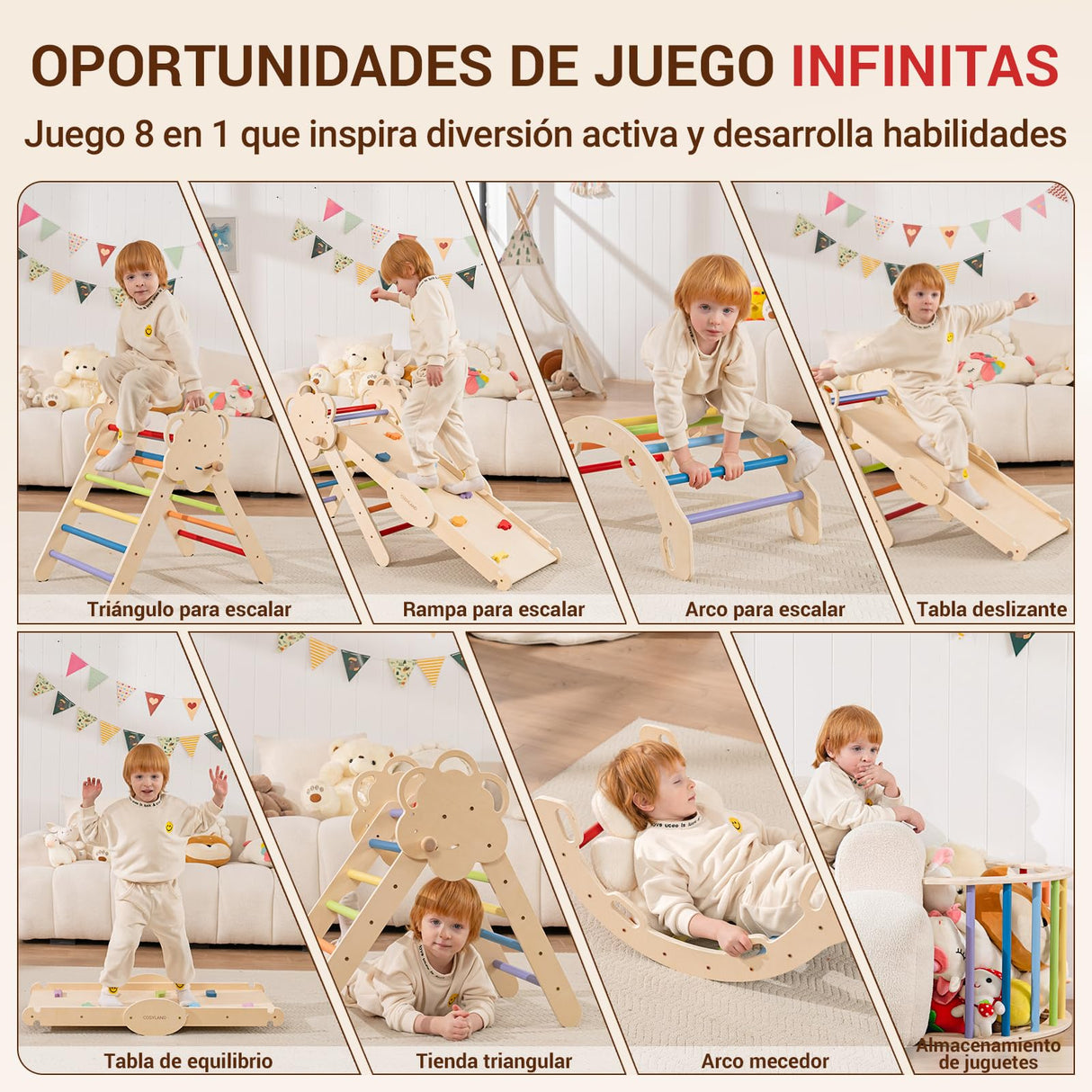 COSYLAND 8 en 1 Triángulo de Escalada Montessori con Arco y Rampa, Set Plegable Infantil, Juguete de Madera Resistente para Interior, Niños 18 Meses-6 años, Colores Arcoíris, Grande