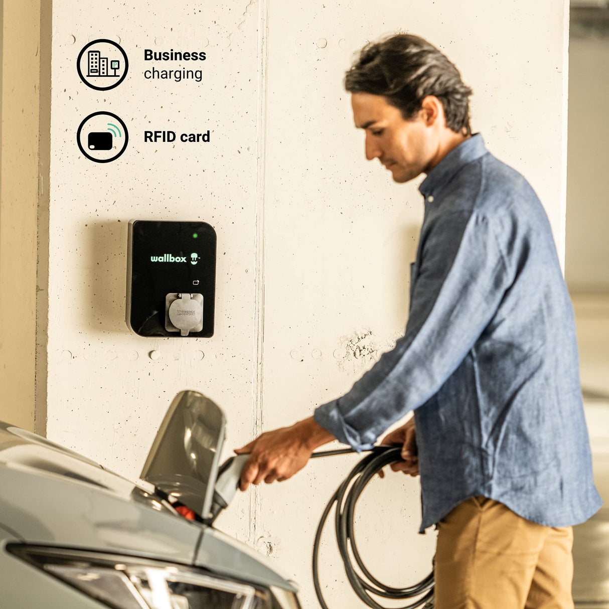 Wallbox Cargador Copper SB para EV. Potencia de hasta 22 kW. Lector de Tarjetas RFID Integrado y Cable de Carga Tipo 2. Conexión WiFi y Bluetooth, y Compatible con OCPP.