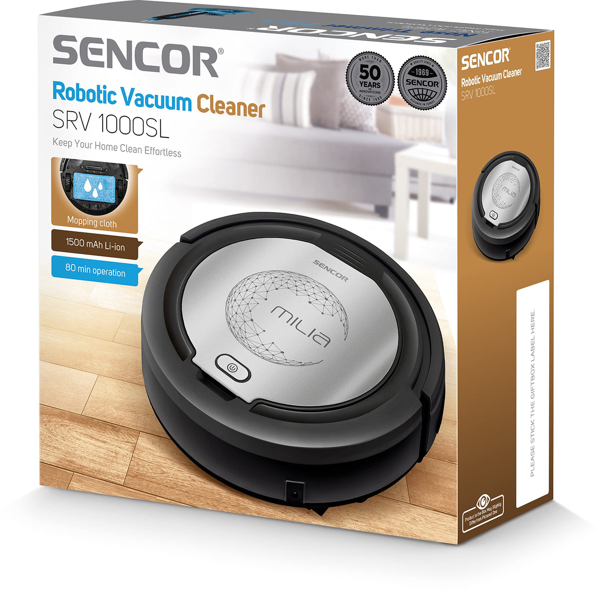 Sencor Robot Aspirador y fregasuelos SRV 1000SL - Limpieza de Alto Rendimiento Multi-Superficie, Ultra Silencioso con Navegación Inteligente y Función Mopa, Ideal para Pelos de Mascotas