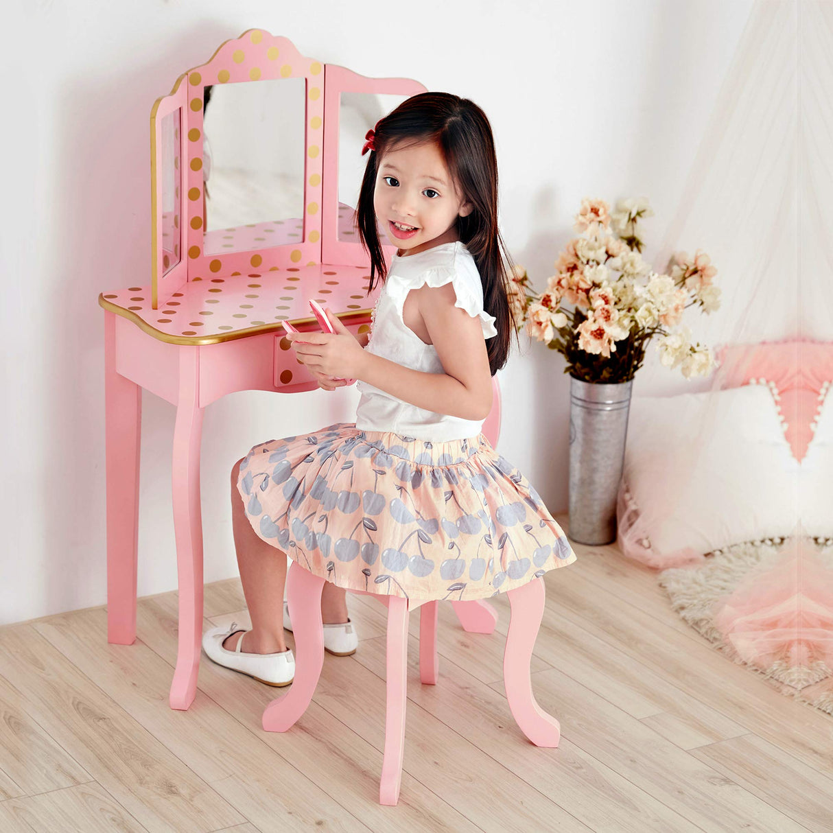 Teamson Kids Mesa de Tocador Rosa de Madera con Espejo y Taburete TD-11670L