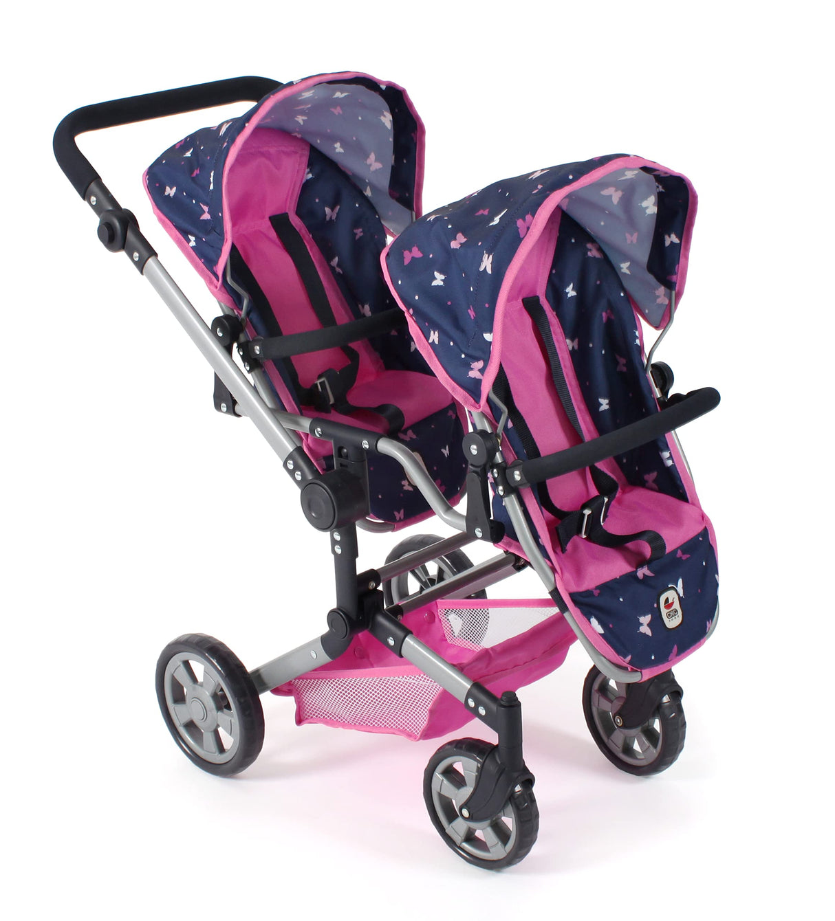Bayer Chic 2000 - Cochecito para muñecas Linus Duo, Cochecito Doble para niños de 4 a 8 años, Mariposa, Rosa Marino, 690-33