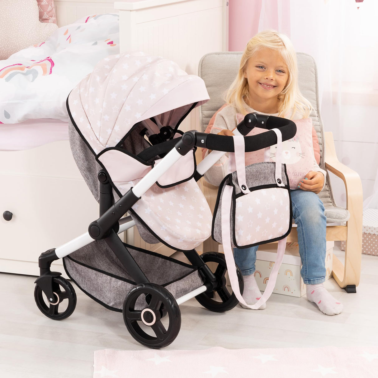 Bayer Design 17031AA Cochecito de muñeca Combi Xeo, Carro para muñecos, Bolsa, Convertible, Regulable en Altura