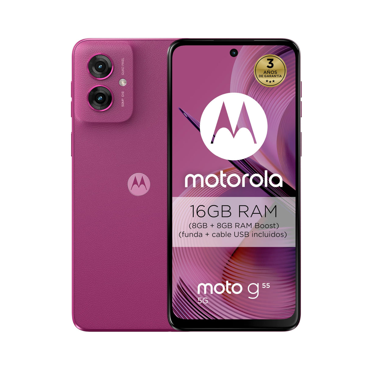 Motorola, Moto g55, 16GB (8GB+8GB RAM Boost)/256GB Rosa, Pantalla 6.5" Full HD+ y Dolby Atmos, Sistema de cámara de 50 MP con OIS, batería 5000 mAh, Carga TurboPower 30W, Acabado Soft Luxe