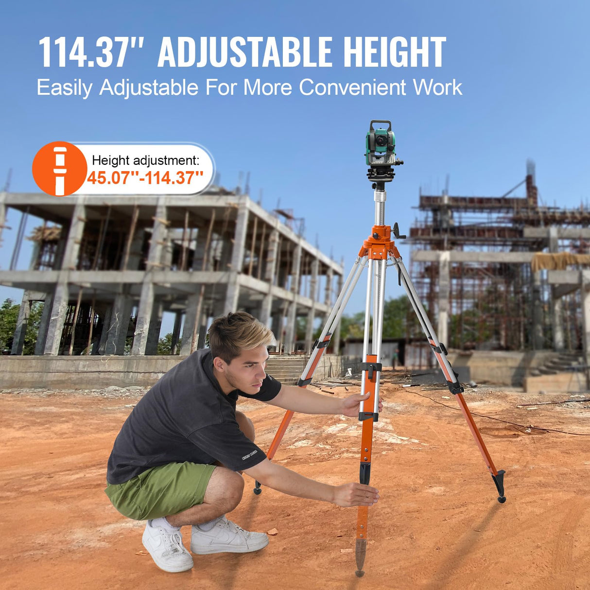 VEVOR Trípode para Nivel Láser Resistente, Ajuste de Altura de 1145-2905 mm, con Burbuja de Nivel y Limitador de Difusión, Pies Antideslizantes Elevables para Construcción, 200 x 145 x 1270 mm