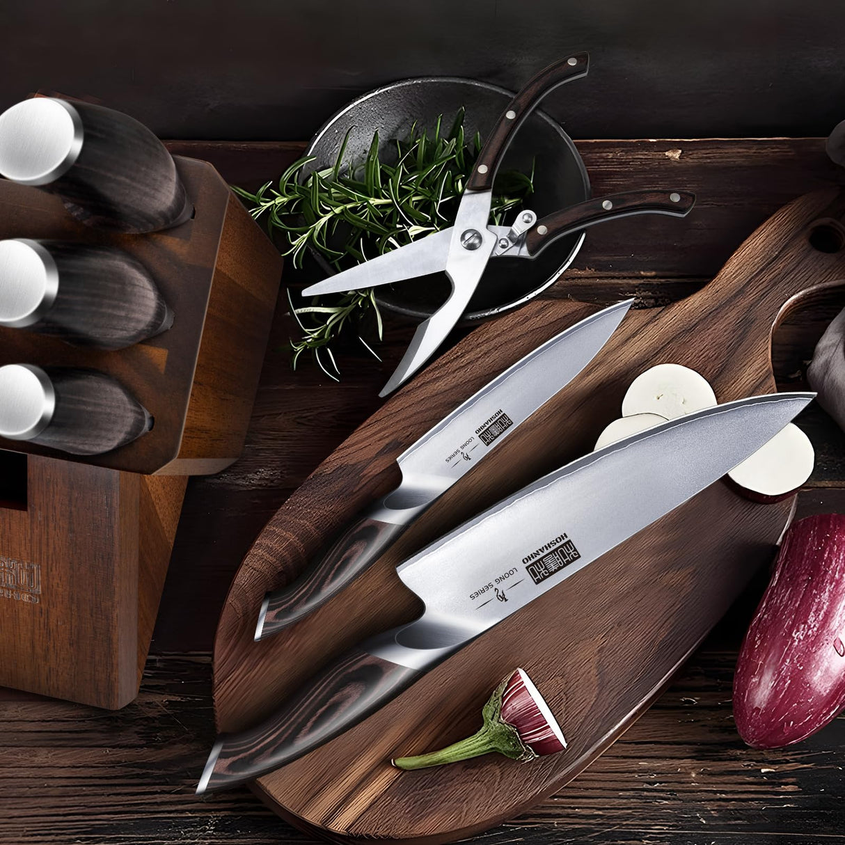 HOSHANHO Juego de Cuchillos de Cocina de 8 Piezas, Juegos de Cuchillos con Bloque de Japoneses Super Steel, Juego de Cuchillos de Chef Profesional Ultra Afilado con Tijeras