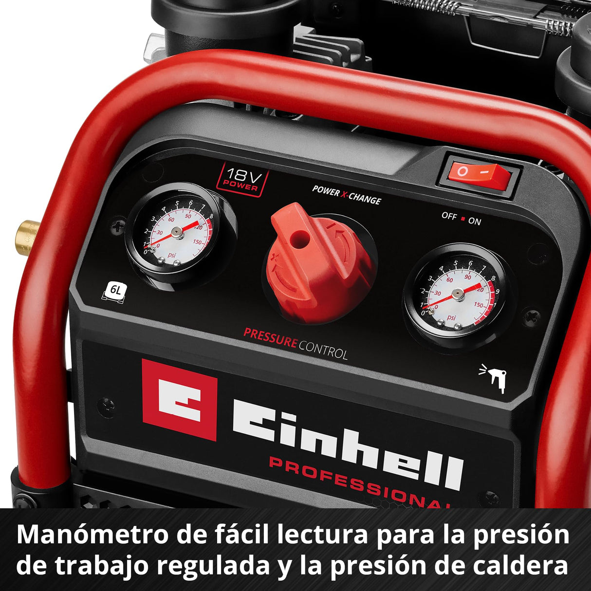 Einhell Professional Compresor con batería SILENZZO 18/160 Power X-Change (18 V, máx. 8 bar, depósito de 6 l, potencia de aspiración 160 l/min, manómetro, sin aceite, silencioso, sin batería)