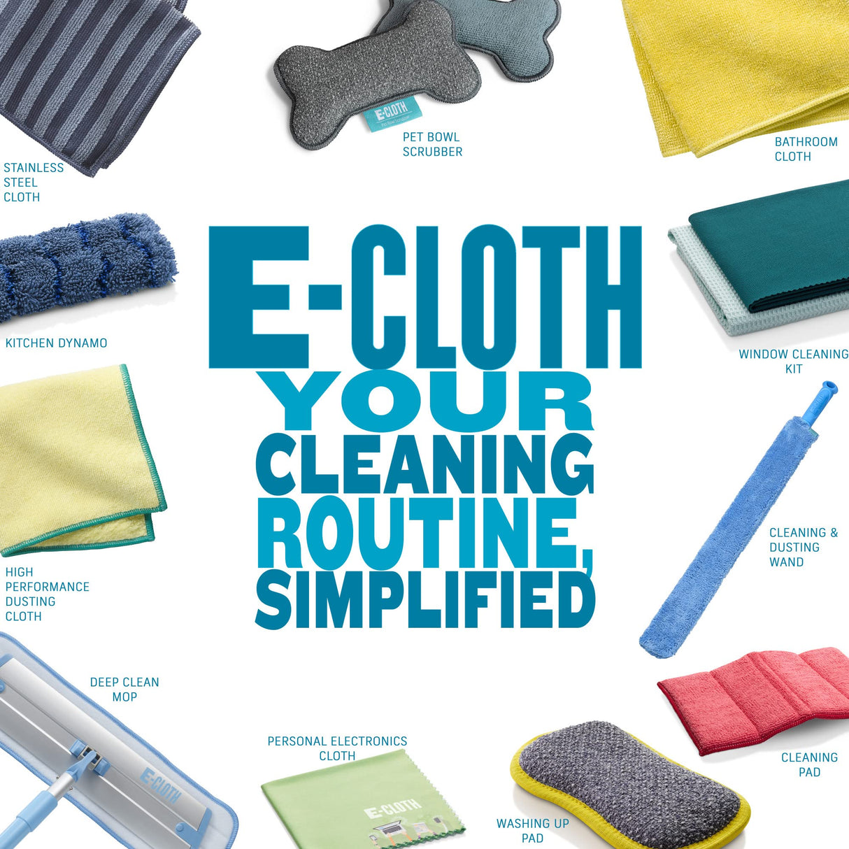 E-Cloth Kit de Suministros de Limpieza de 13 Piezas, Incluye paño de Limpieza de Microfibra y Suministros de fregona, Juego de Limpiador Multiusos para Vidrio, Ventana, Superficie, Suelo, baño, Acero