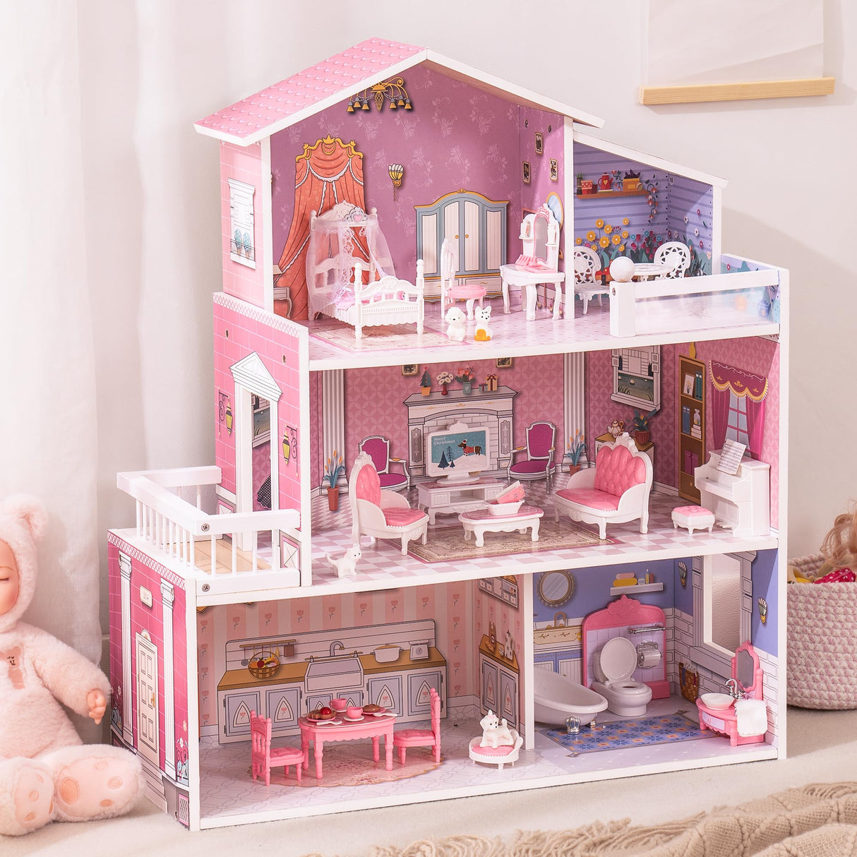 ROBUD Juego de casa de muñecas de Madera, 3 Cuentos, 5 Habitaciones, 24 Uds. Muebles, Pretender Jugar Juguete Regalo para niños niños niñas