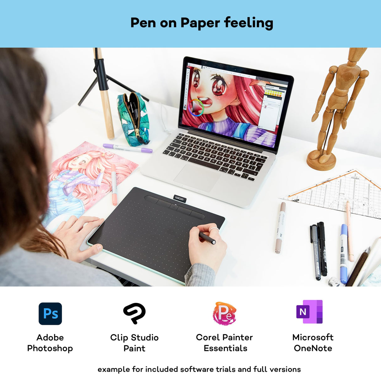 Wacom Intuos M - Tableta Gráfica Bluetooth para pintar, dibujar y editar photos con 3 softwares creativos incluidos para descargar, Windows & Mac, óptima para oficina en casa y e-learning, pistacho