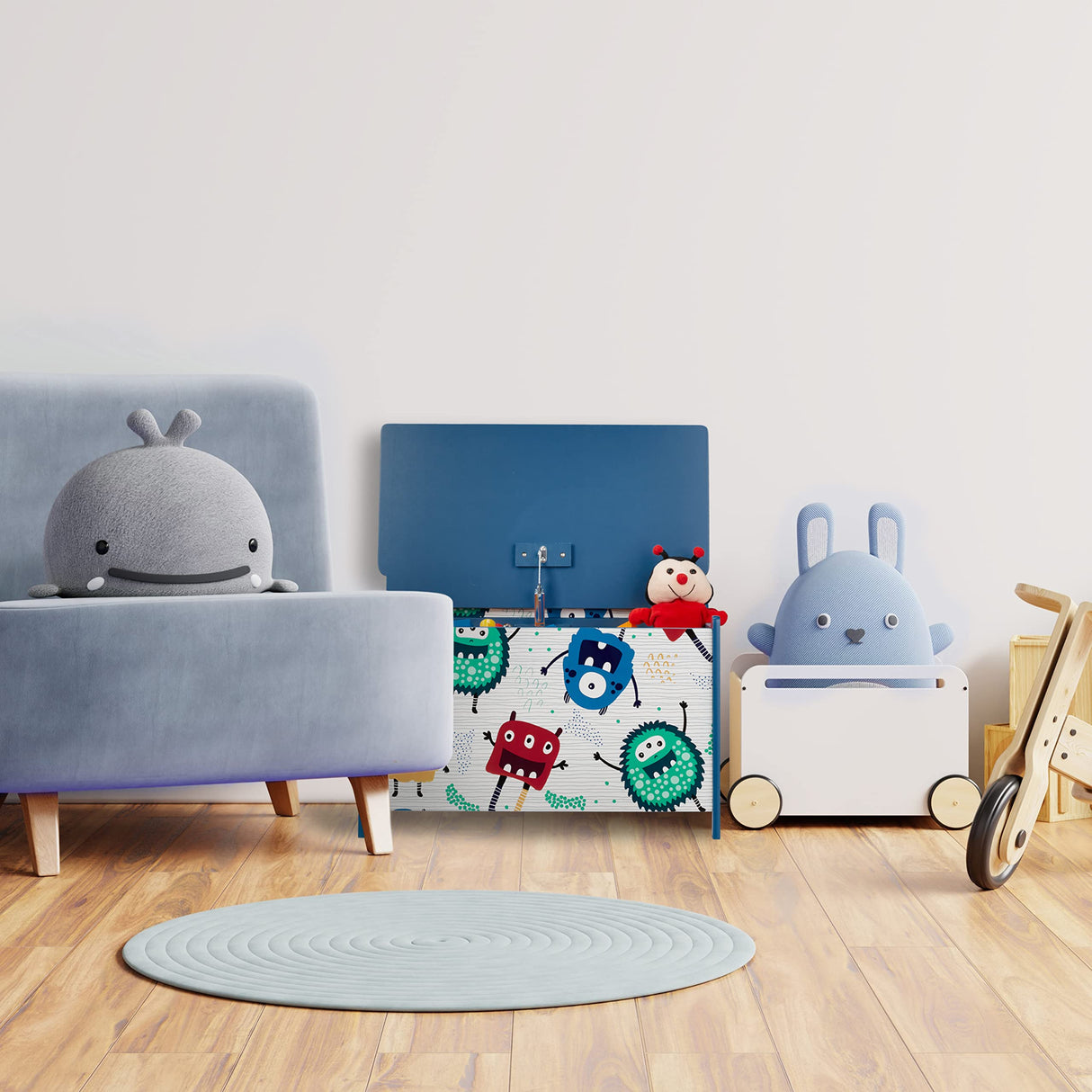 Relaxdays Caja Juguetes Diseño Monstruos, Baúl Infantil Almacenaje con Tapa, Arcón Niños, 50x60x36,5cm, MDF, Azul/Blanco, Tablero de Fibras