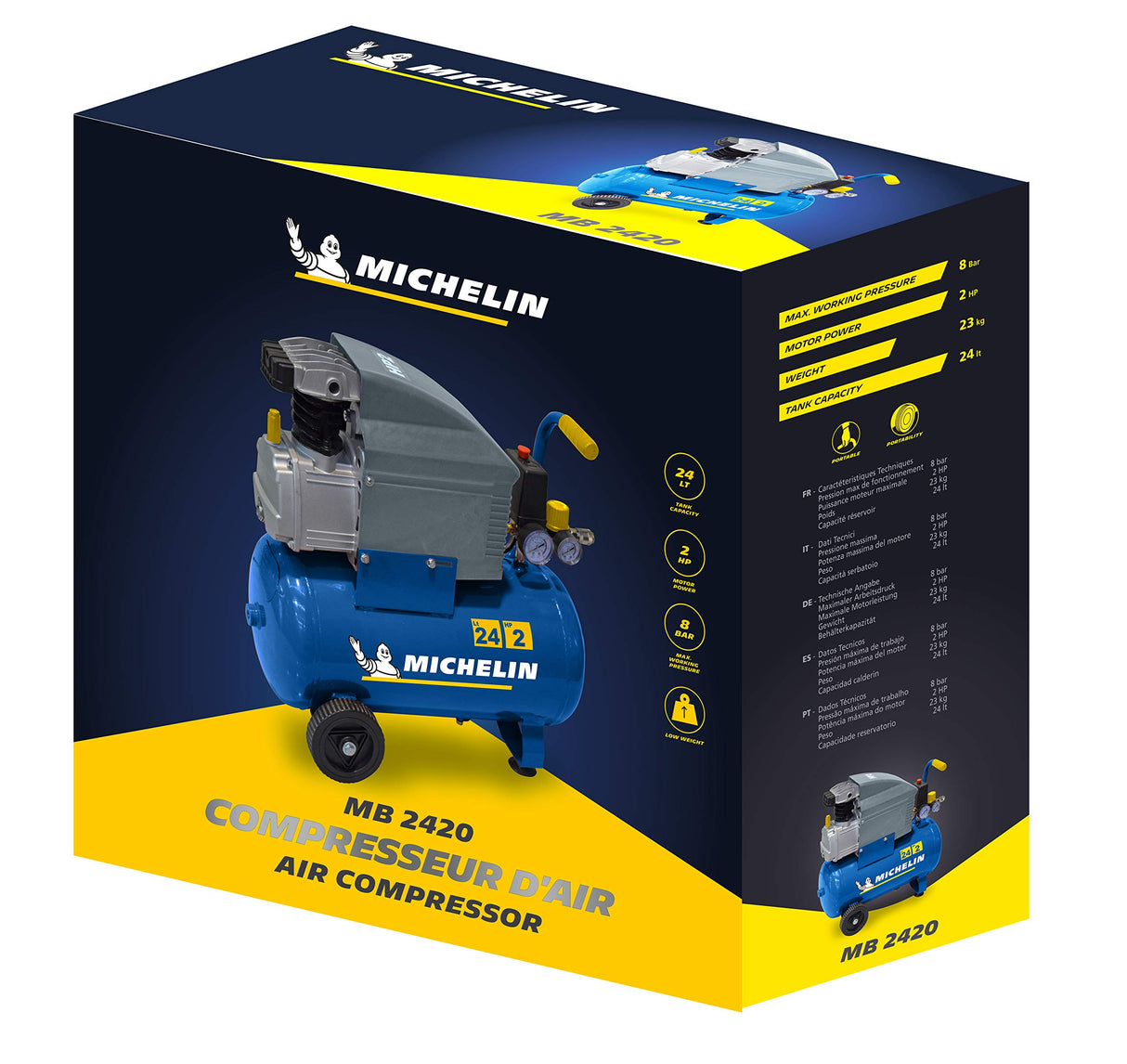 MICHELIN - Compresor de aire MB24 - Tanque de 24 litros - Motor de 2 CV - Presión máxima 8 bar - Flujo de aire 170 l/min - 10,2 m³/h