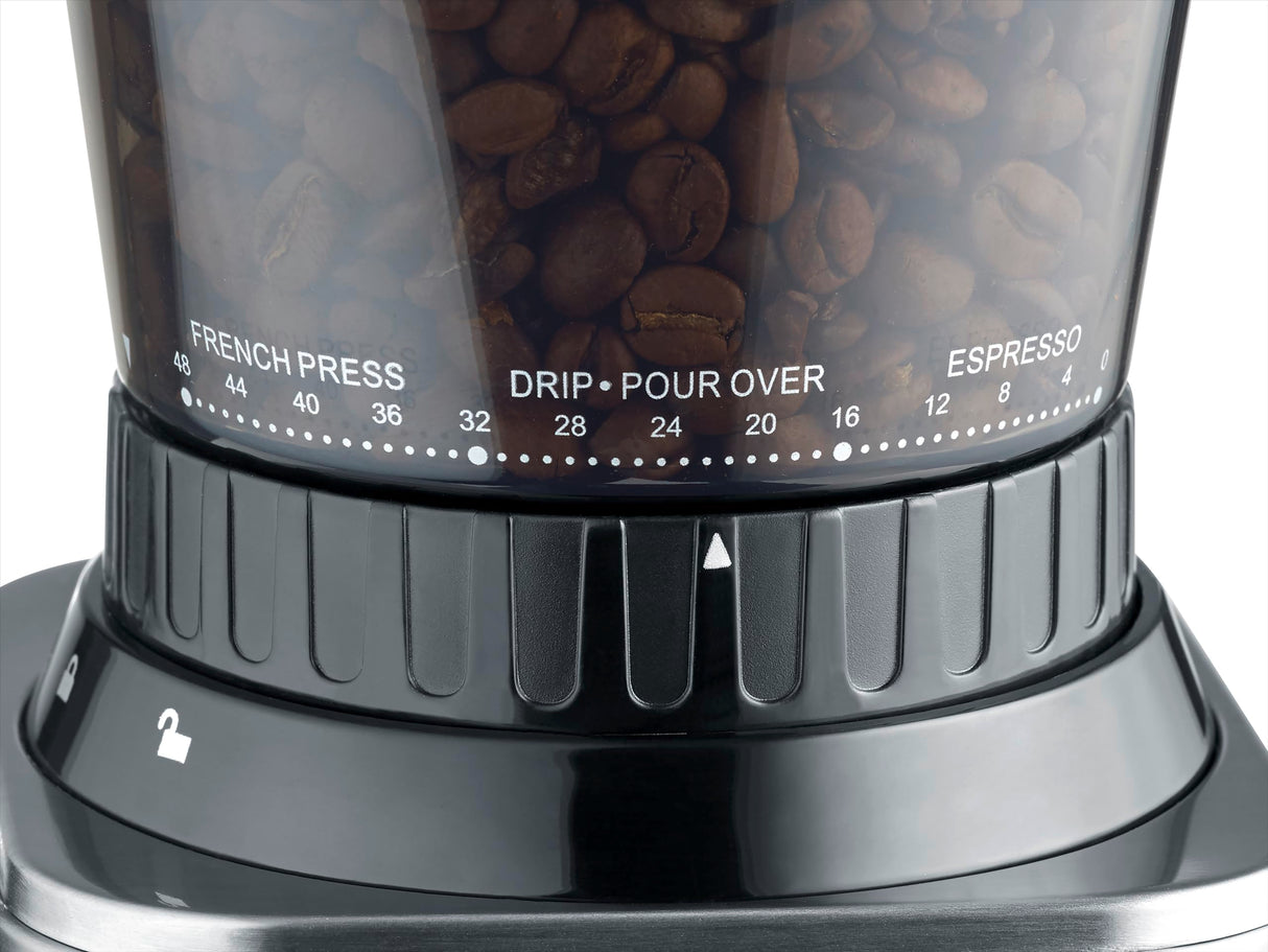 CASO BaristaChef Inox - Molinillo de café eléctrico con muelas cónicas, pantalla táctil, temporizador digital y sobresaliente, capacidad de 250g, 48 niveles de molienda precisos - acero inoxidable