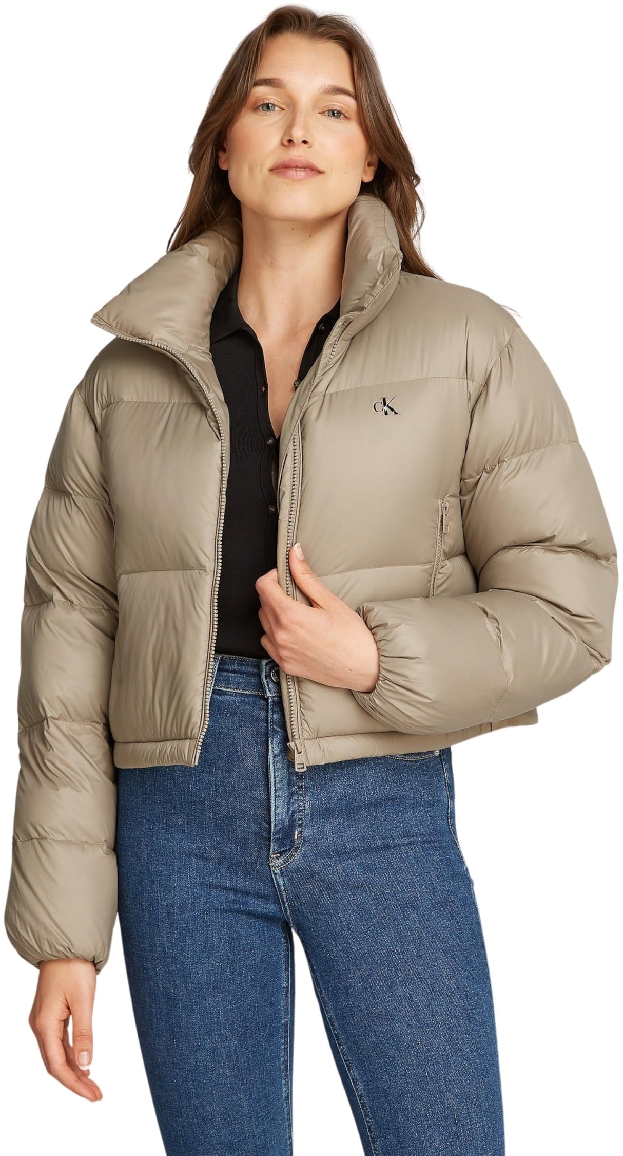 Calvin Klein Cazadora acolchada Mujer Down Cropped Puffer corta, Beige (Brindle), XL