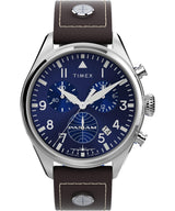 Timex Chronograph - Reloj de 42 mm para hombre, cuero marrón, esfera azul, caja de acero inoxidable TWG030000