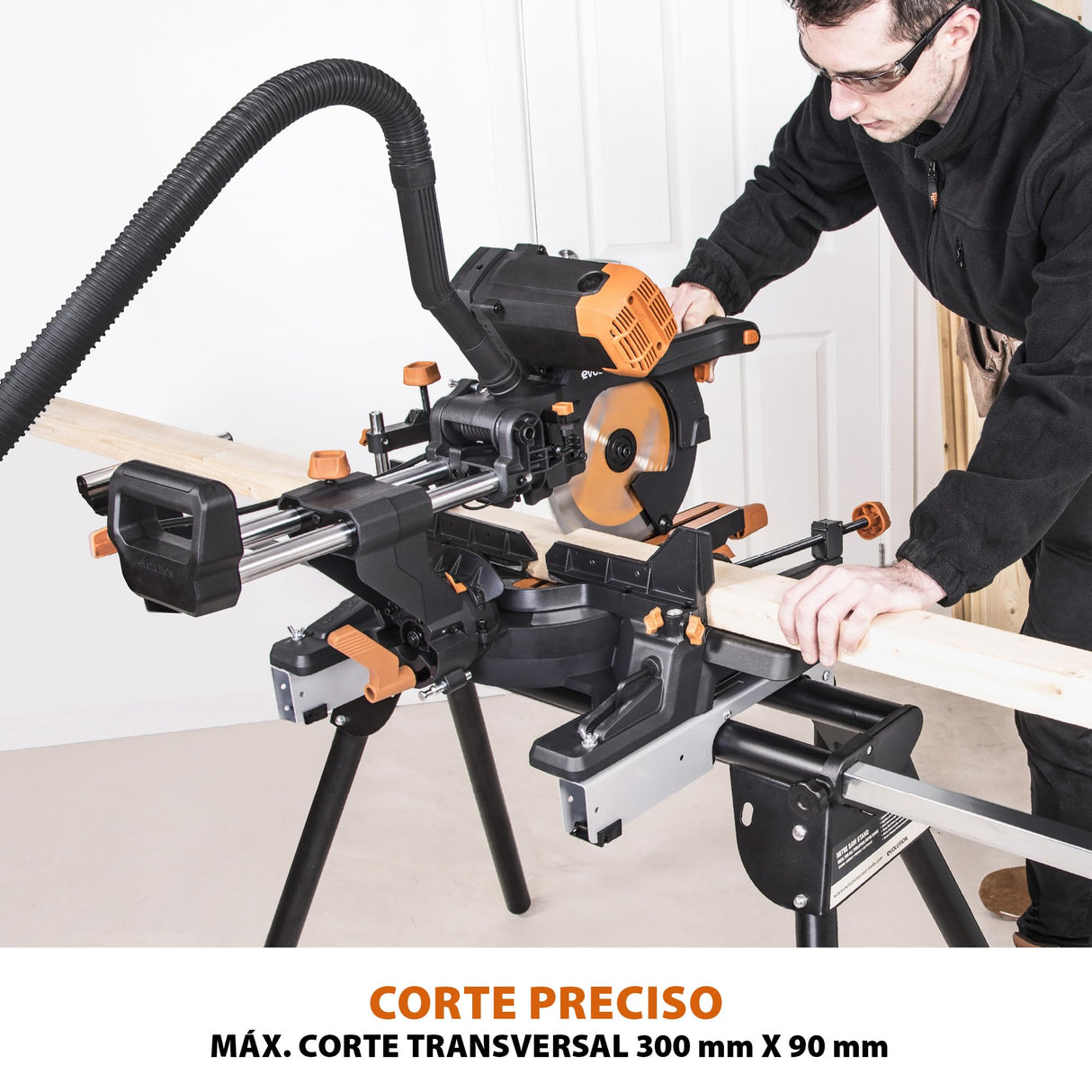 Evolution Power Tools R255SMS-DB ingletadora, Sierra ingletadora deslizante multimaterial de 255 mm, con doble bisel y paquete plus, hasta 300 mm x 90 mm, 5° a izquierda y derecha, inglete de 50°