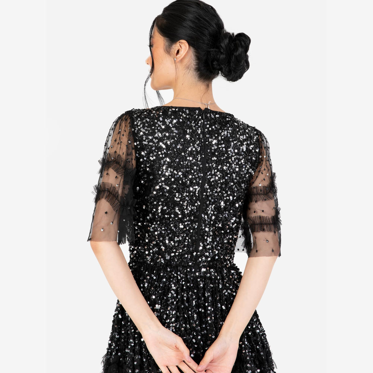 Maya Deluxe Women's Maxi Dress Ladies V-Neck Sequin Embellished Ruffle Detail for Wedding Guest Bridesmaid Prom Occasion Ball Gown Vestidos, Negro, 46 para Mujer