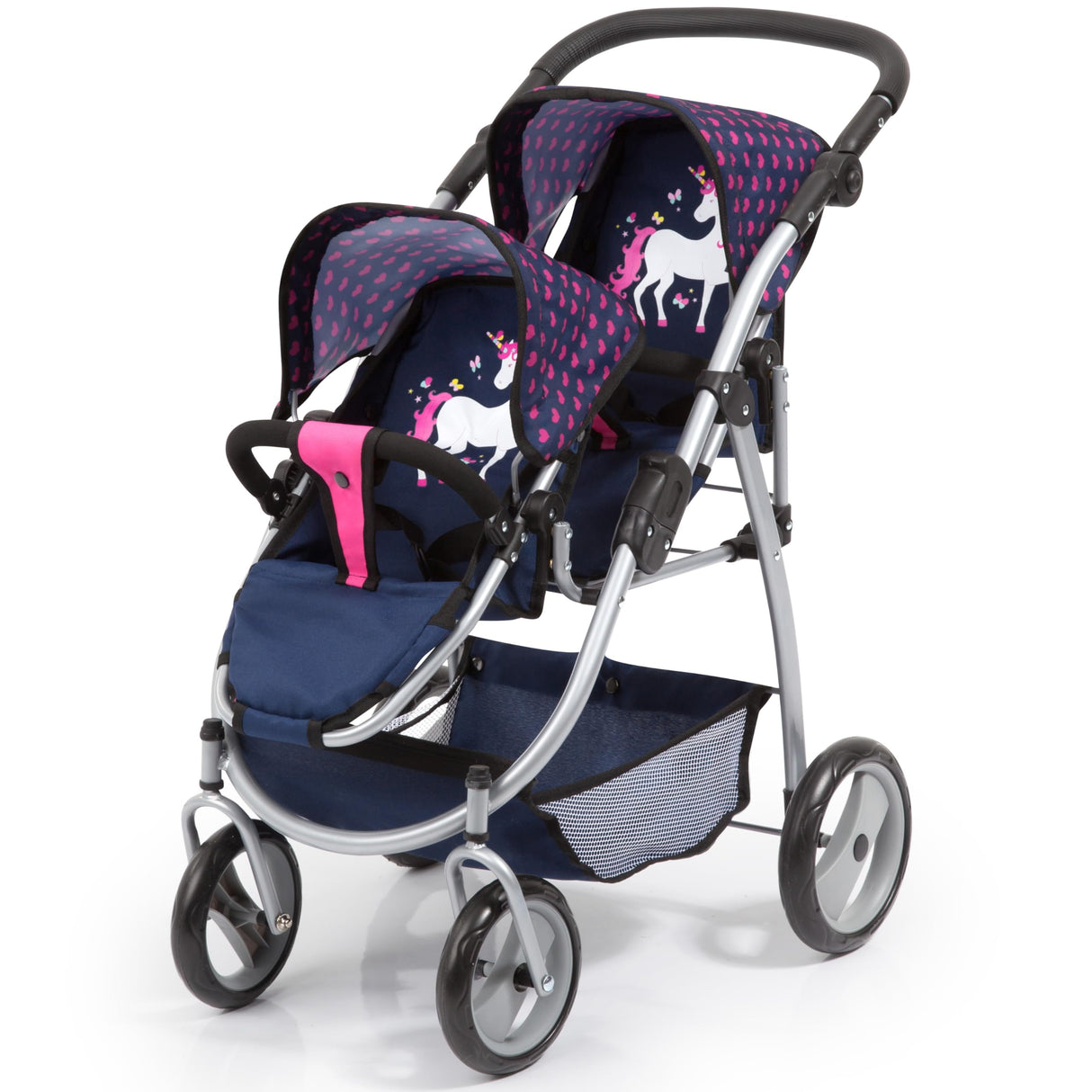 Bayer Design 26554Aa, Carrito Doble Para Muñecas, Cochecito Gemelar Juguet, Altura Regulable, Plegable, Diseño Único Rnio, Azul, Rosa, Color