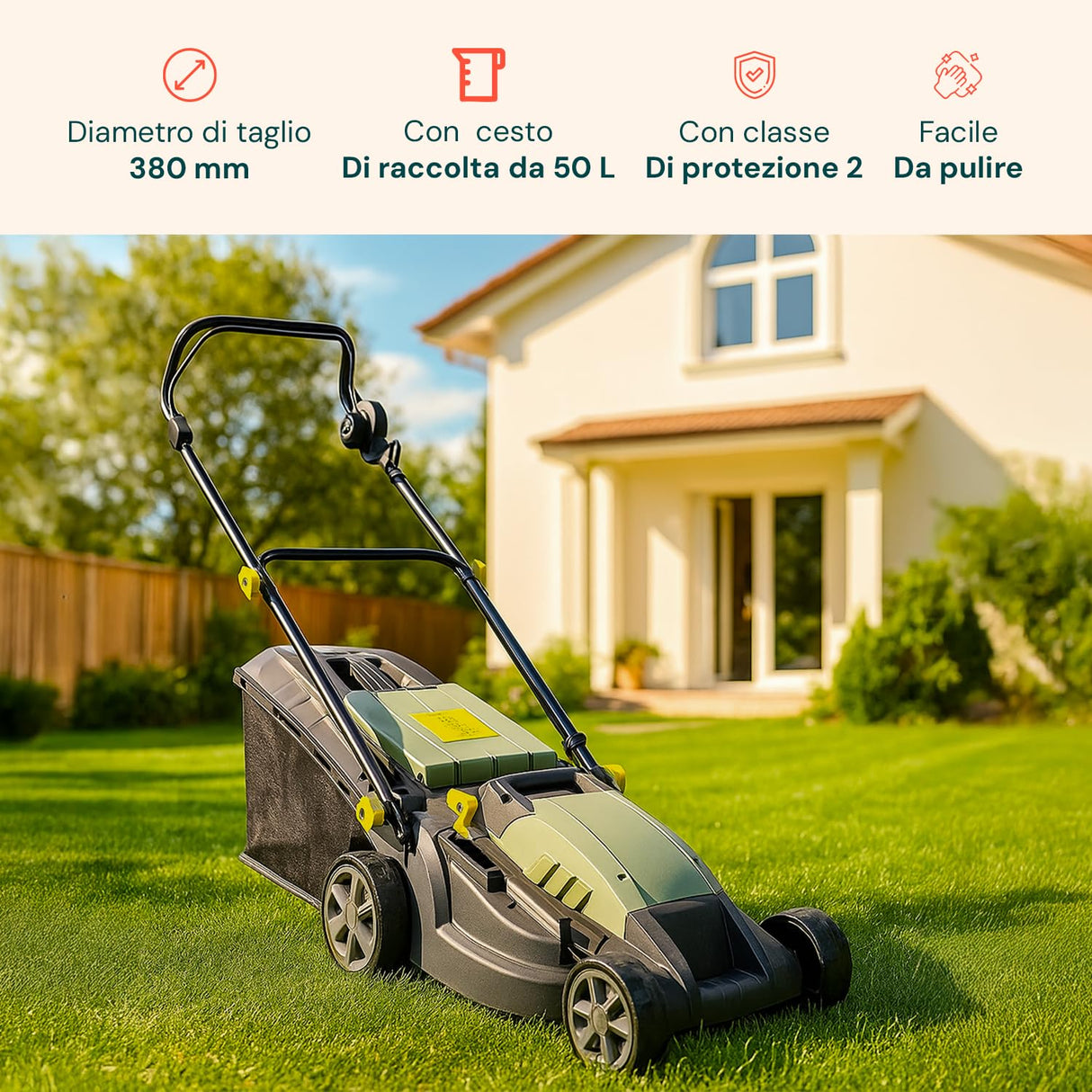 Cortacésped eléctrico de inducción – Cortacésped Ajustable, 5 Alturas de Corte, diámetro de Corte 380 mm, Velocidad 3000 RPM, 1600 W, 230 V, con Cesta de Recogida 50 l, 143 x 105 x 55 cm