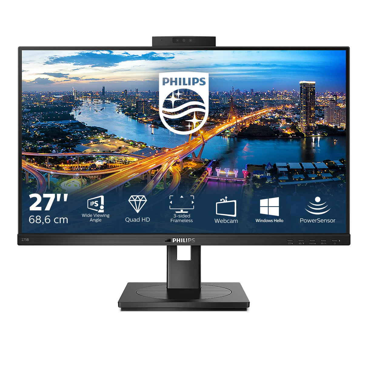Philips Monitors Philips 275B1H - Monitor QHD de 27 Pulgadas, Webcam, Altura Regulable (2560 x 1440, DVI, HDMI, DisplayPort, USB Hub), Color Negro