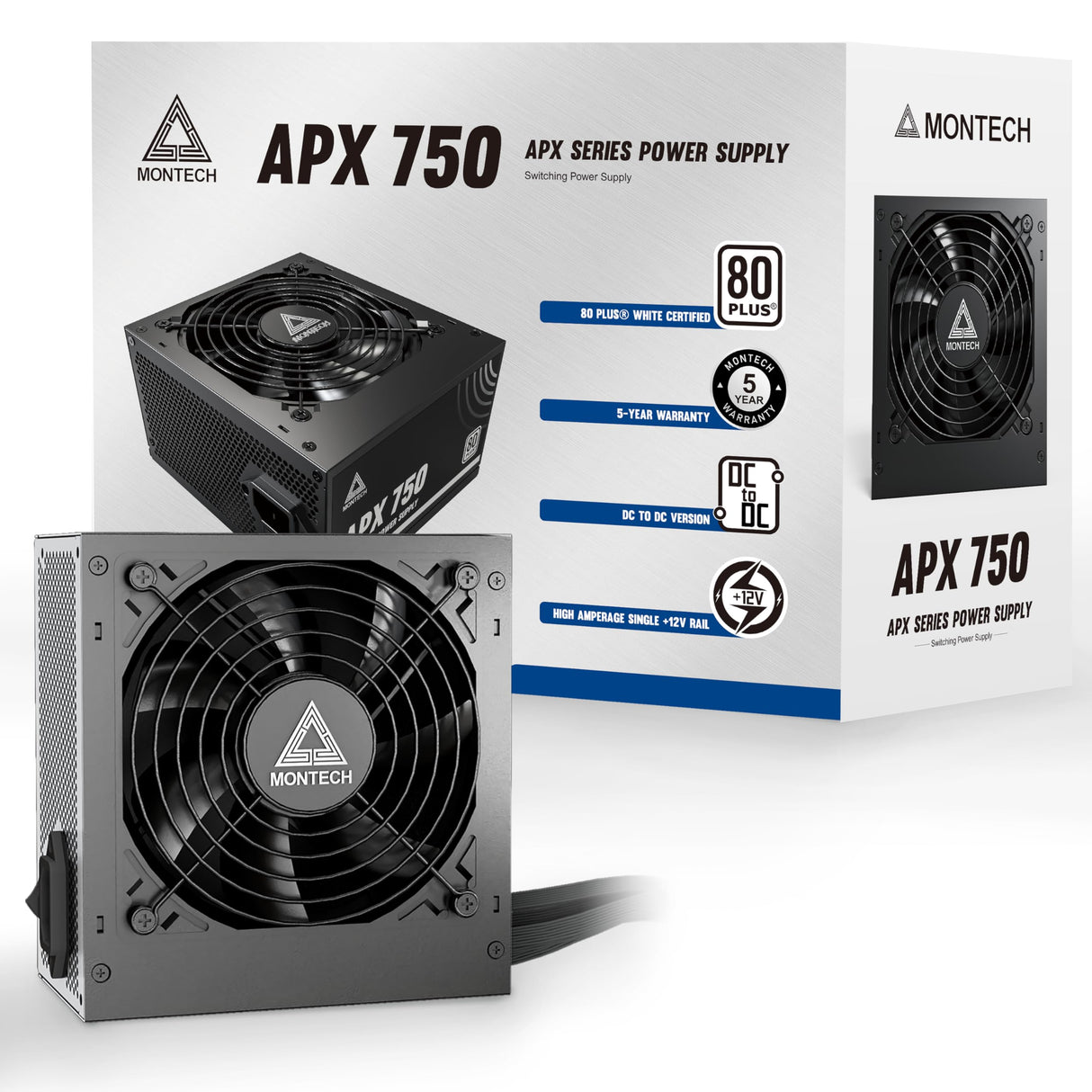MONTECH APX - Fuente de alimentación no Modular de 750 W, Certificado 80 Plus, tecnología Intel ATX12V-CC a CC, diseño de Cable Plano para Mejorar la eficiencia térmica, Ventilador de 120 mm (APX