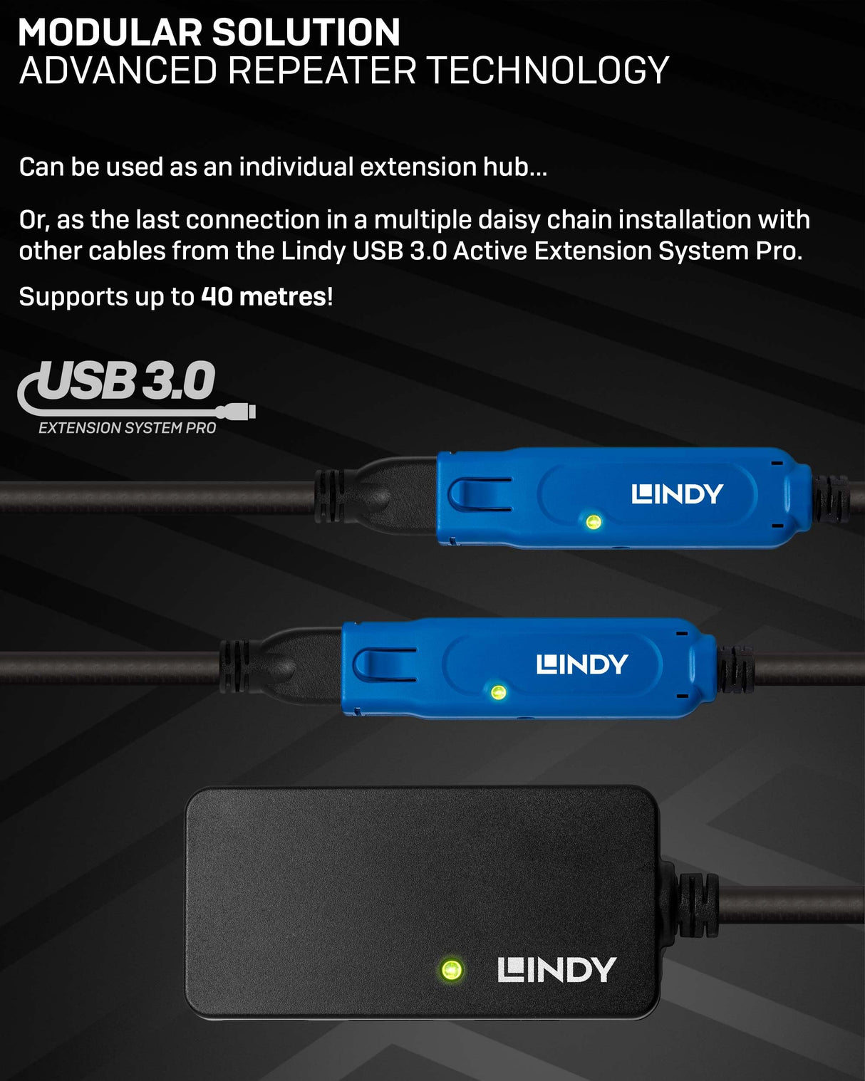 Lindy 43159 Cable Extensor USB 3.0 con concentrador de 3 Puertos, 10 Metros, 5 Gbps