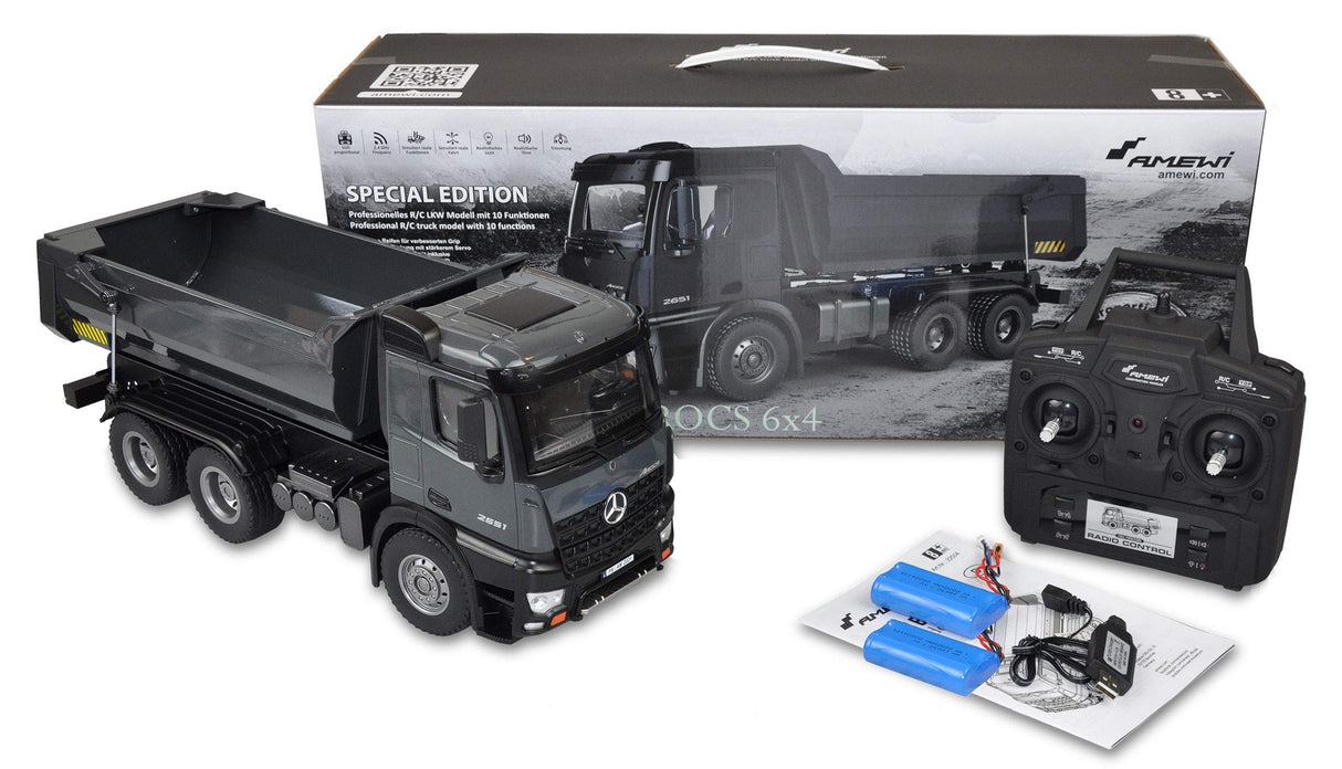 Amewi Mercedes Benz Camión Kipper Pro Metal V2 vehículo con Licencia teledirigido RTR 2 batería Adicional Gris