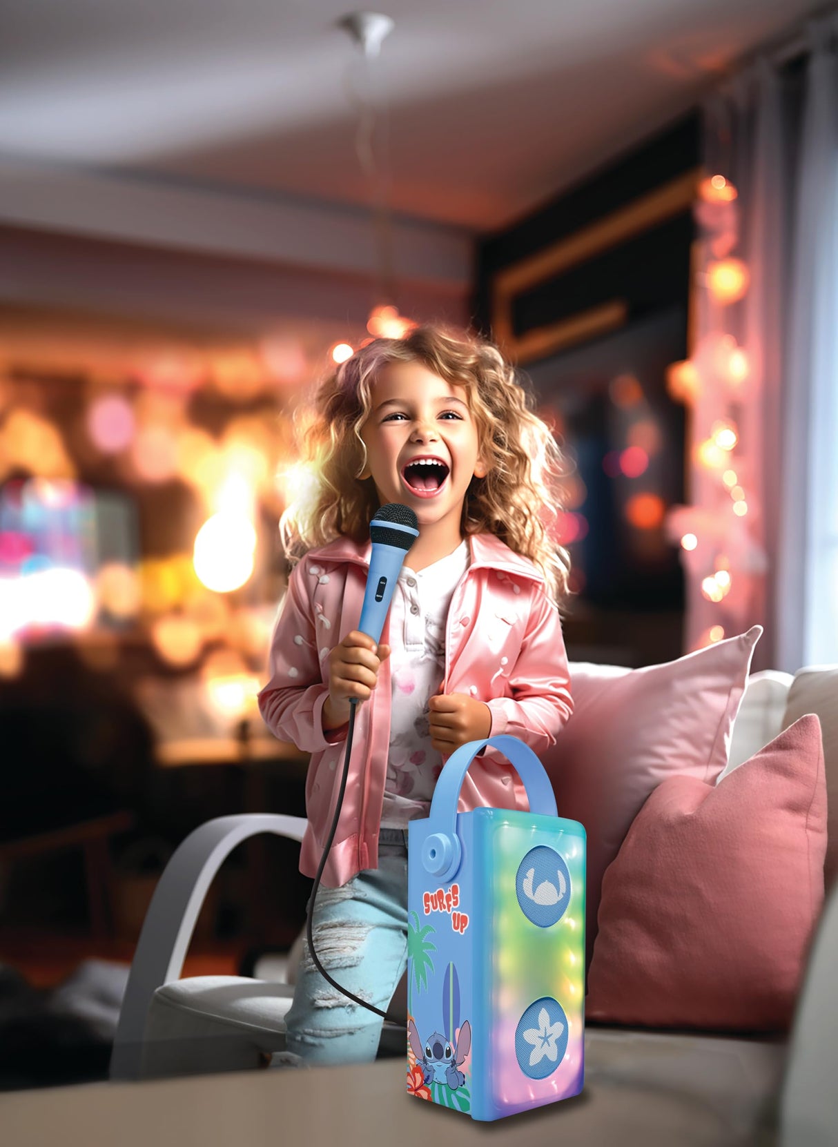 LEXIBOOK, Disney Stitch, Altavoz Bluetooth® inalámbrico con luz y micrófono, Efectos de luz Multicolor, Puerto para Tarjeta SD/TF, Batería Recargable, Azul, BTP185DZ